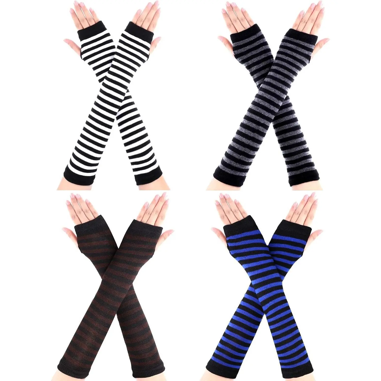 4 Pairs Women's Knit Arm Warmers - Long Fingerless Gloves, Elbow Length, Thumb Hole - Winter (Black, Grey, Blue, Coffee)