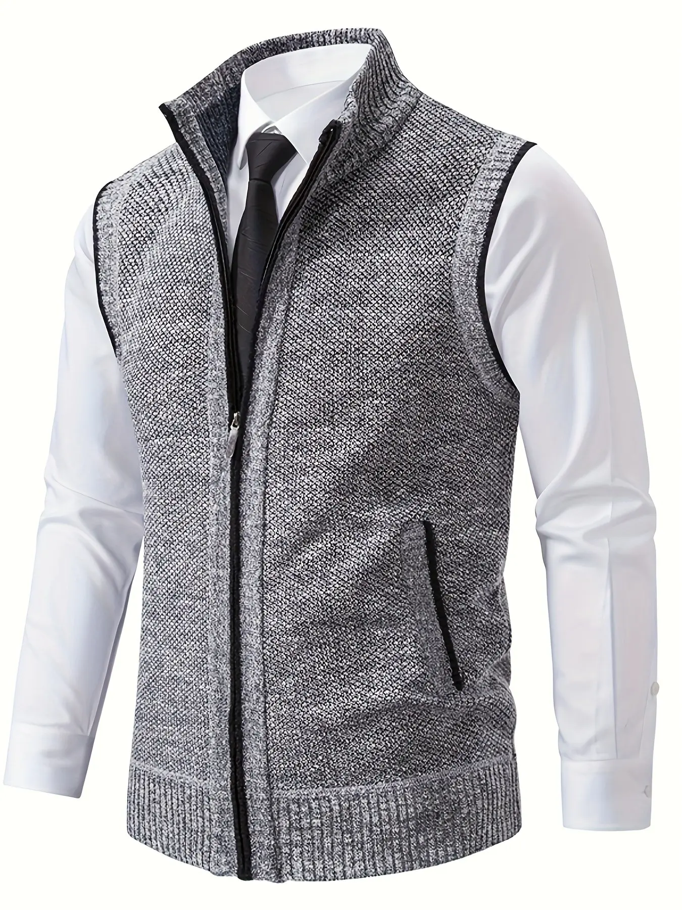 Men's Knit Vest Gilet, Menswear Mixed Fiber Fabric, Warm and Breathable, Stand Collar Zipper Design, Practical Pockets, Snow, Fall Winter Essential