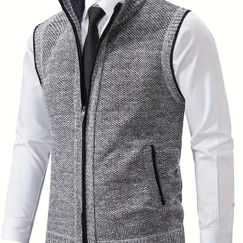 Men's Knit Vest Gilet, Menswear Mixed Fiber Fabric, Warm and Breathable, Stand Collar Zipper Design, Practical Pockets, Snow, Fall Winter Essential