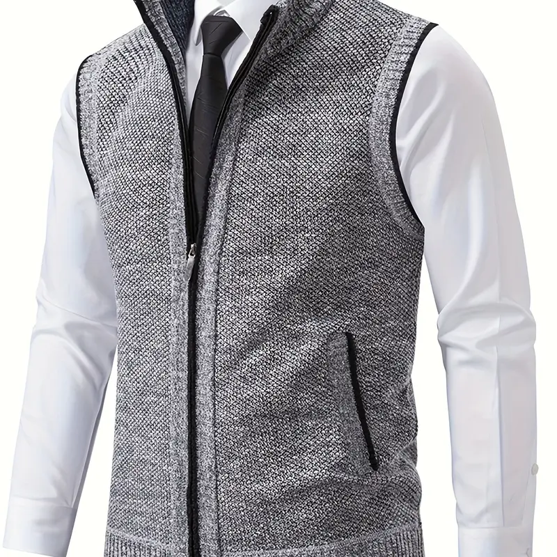 Men's Knit Vest Gilet, Menswear Mixed Fiber Fabric, Warm and Breathable, Stand Collar Zipper Design, Practical Pockets, Snow, Fall Winter Essential