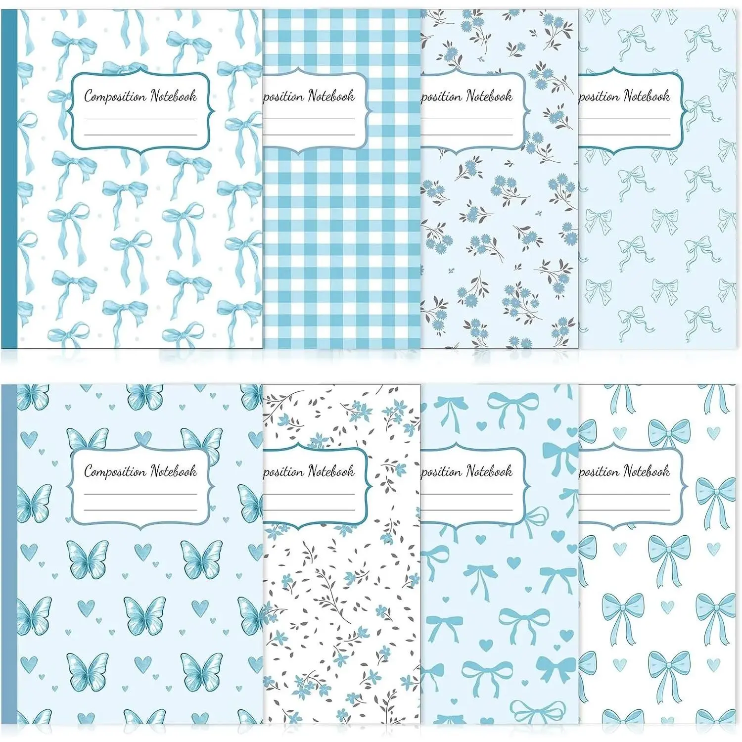 8 Pack Blue Bow Composition Notebooks College Ruled 9-3/4 x 7-1/2'' | for Back to School, Blue Bowknot Notebook, Cute Preppy Aesthetic Girls Supplies, 100 Pages, Gifts for Student Teacher Office