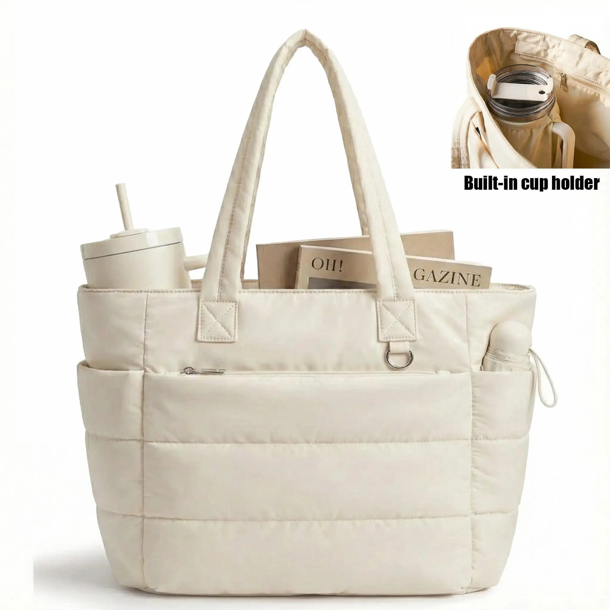 Five Season Home 20L Puffy Quilted Tote Bag for Women, Lightweight Bubble Nylon Laptop Shoulder Bag with Multiple Compartments for Work, Travel, and College