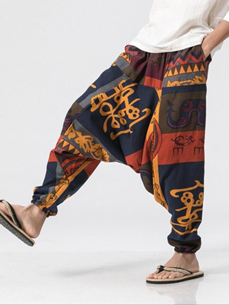 Men's Tribal Pattern Tie Waist Harem, Boho Casual Comfy Trousers for Daily Wear, Men's Bottoms for Summer, Bohemian Trousers