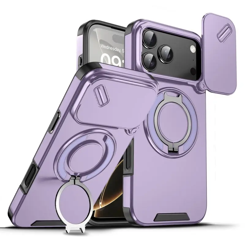 Heavy Duty Armor Magnetic iPhone Case - Slide Camera Dustproof Cover, 360° Rotatable Ring Stand, Built-in Metal Sheet for Car Magnet Mount, PC+TPU Shockproof Full Protection for iPhone 12/13/14/15/16/17 Pro Max, Accessories