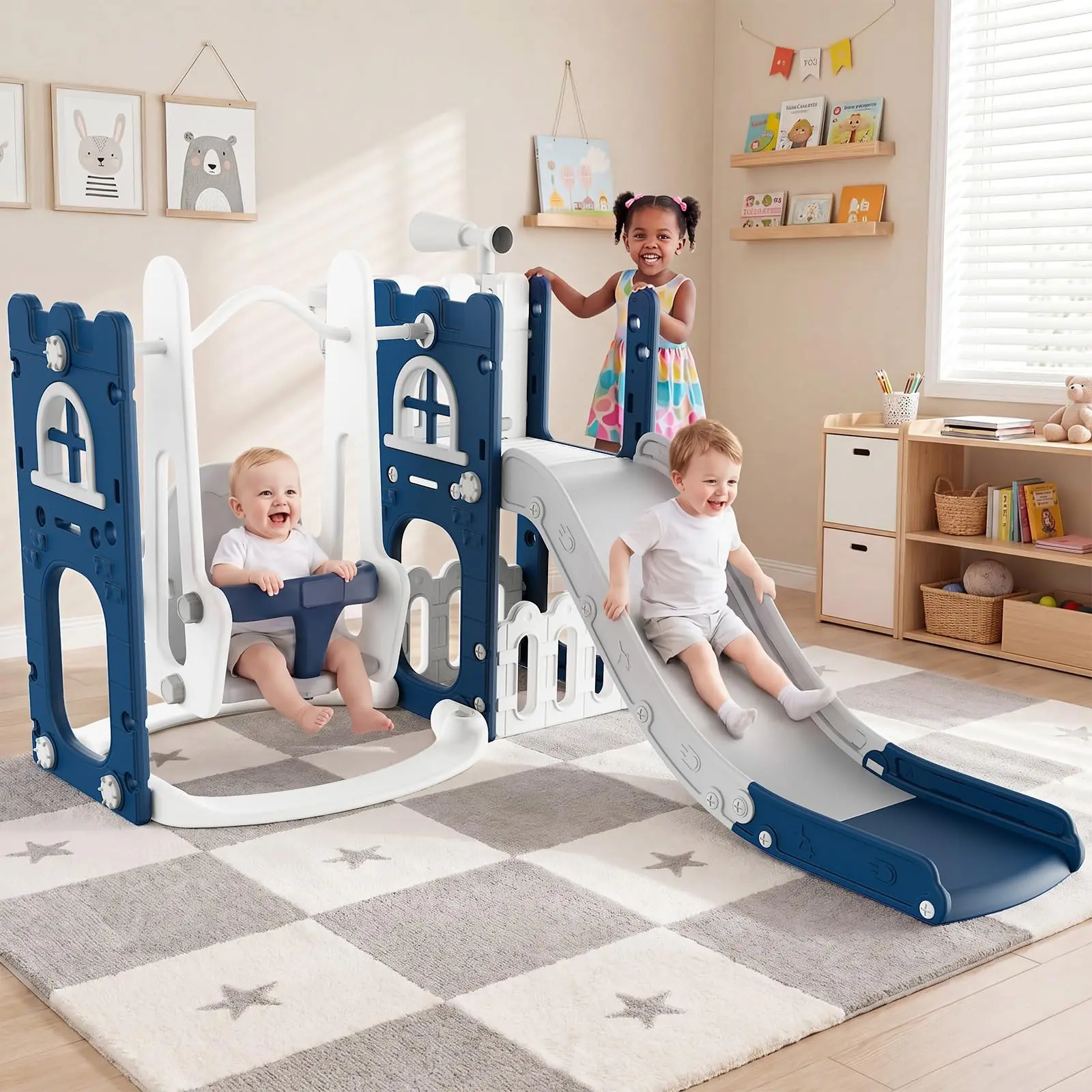 9-in-1 HDPE Toddler Slide and Swing Set – Freestanding Indoor/Outdoor Playground with Climbing, Baby Swing & Extra Features – Perfect for Backyard or Garden Playset