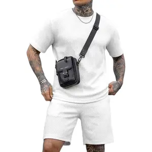 Babioboa Men's 2 Piece Outfit Jacquard Textured Short Sets Casual Short Sleeve T Shirt and Shorts Set Summer Tracksuit