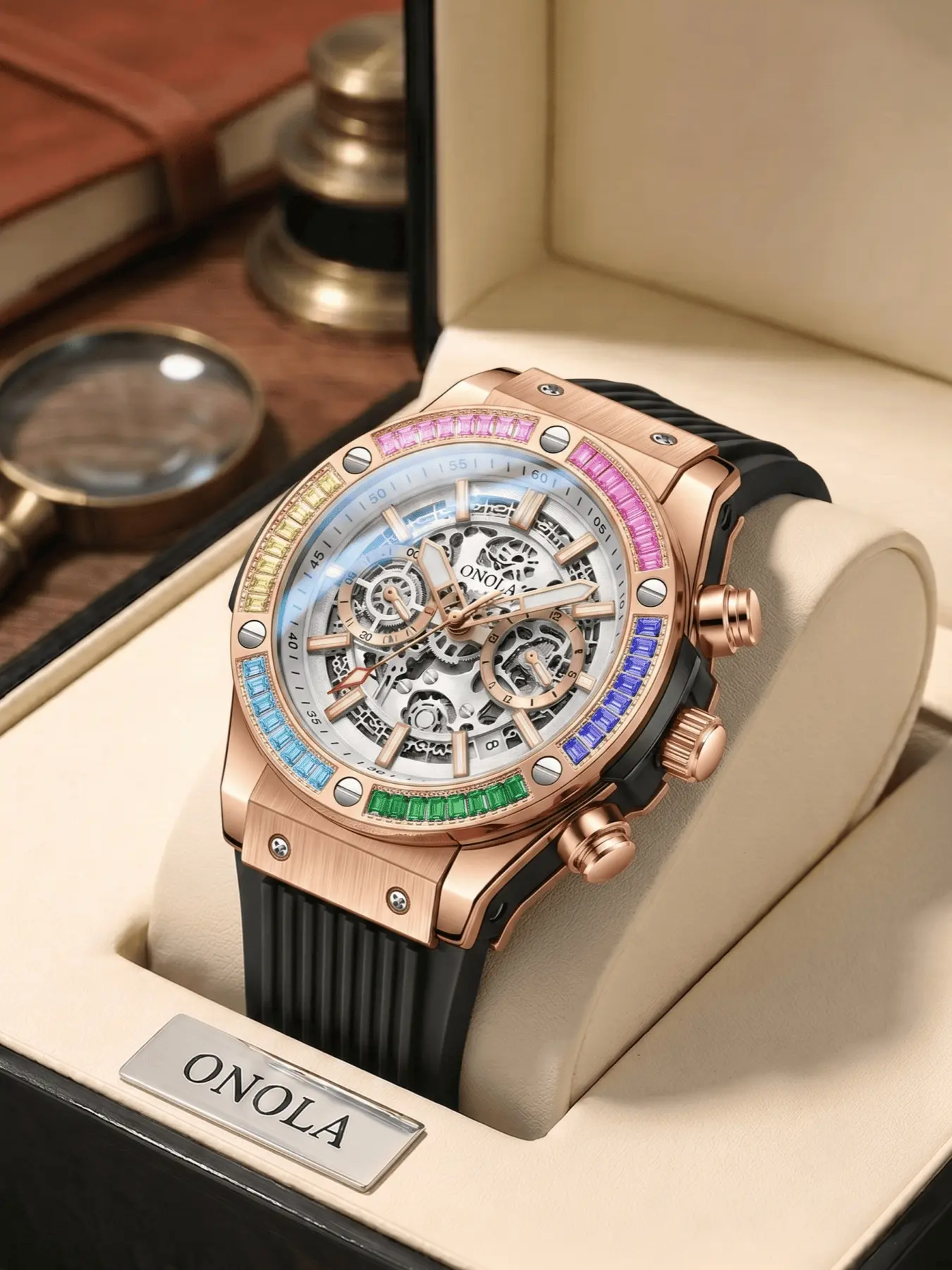 ONOLA Men's Mechanical Watch, Men Automatic Mechanical Wrist Watch Chronograph Watch Tonneau Hollow Skeleton Dial Colorful Rhinestone Bezel Soft Silicone Strap Hip Hop Luxury Male Wristwatch Fashion Daily Trend Gift Watch For Gentlemen