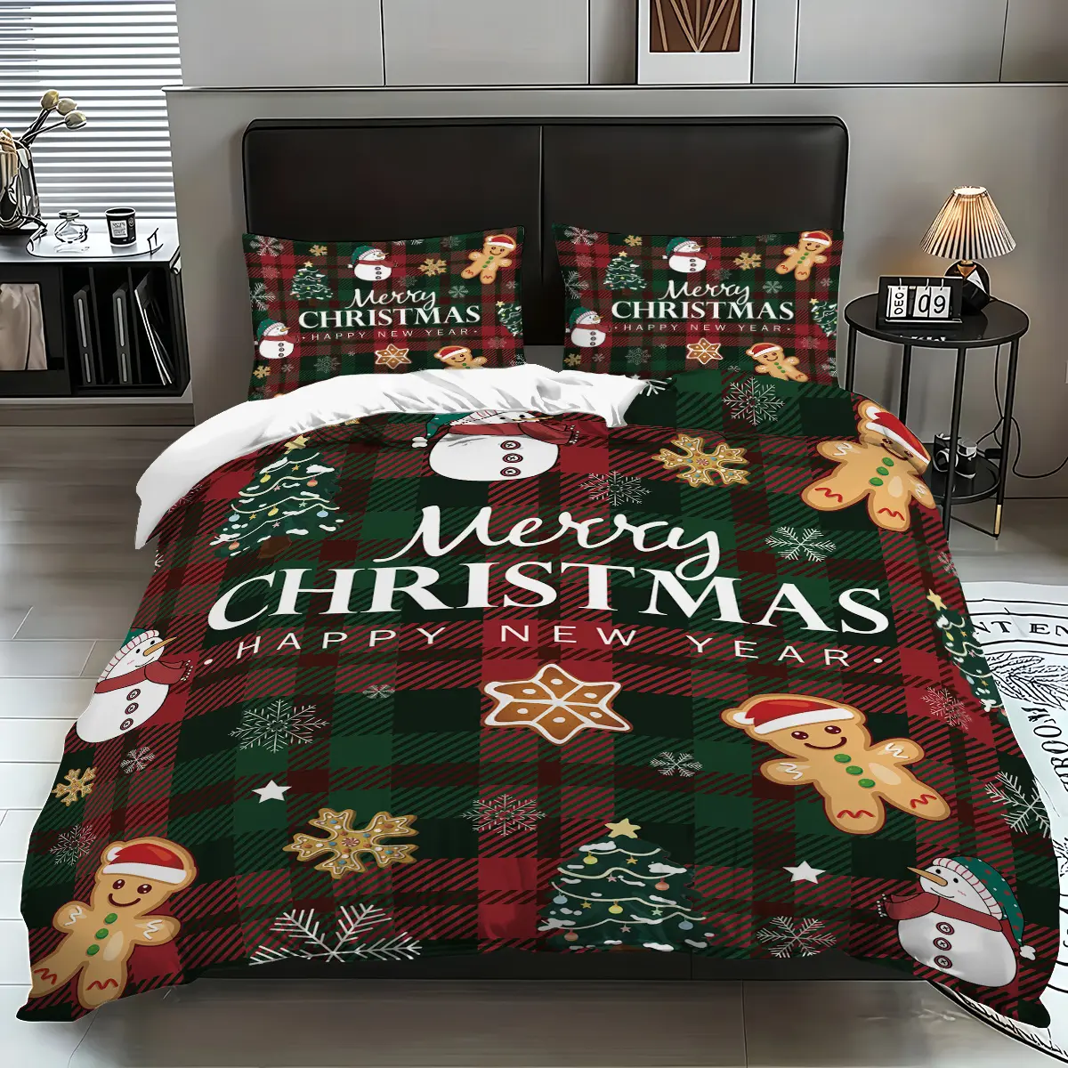 3-piece Christmas-themed bedding set, red-black-red plaid cartoon gingerbread man print pattern duvet set, includes 2 pillowcases and 1 duvet cover, no duvet insert, New Year-themed classic Scottish bedding set, soft and smooth zipper design, suitable for