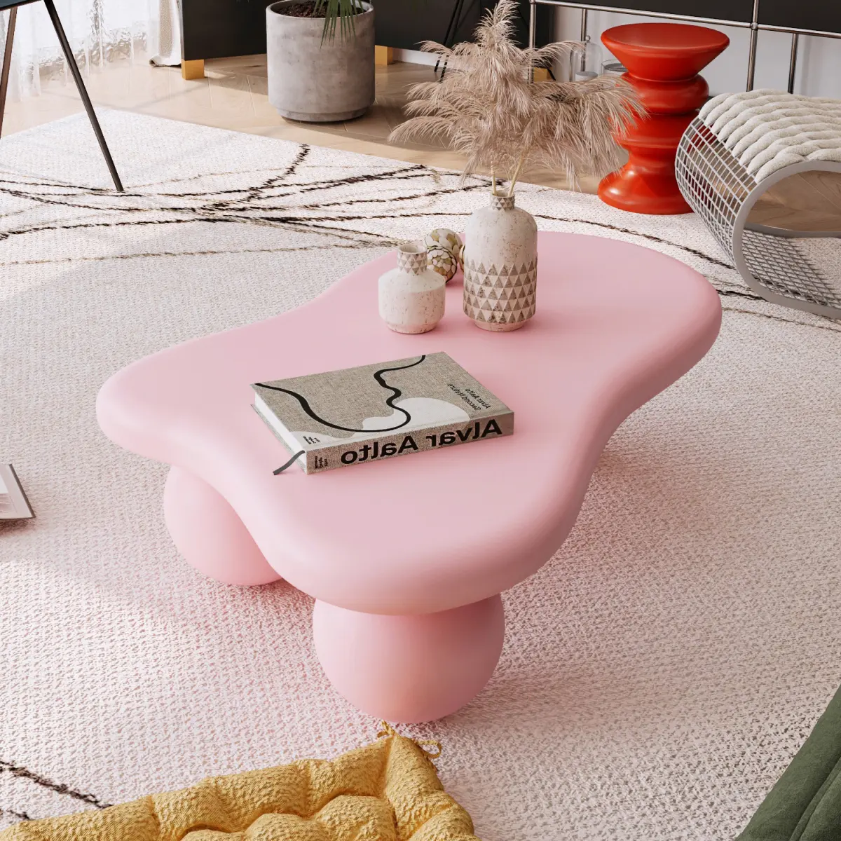 47-Inch Cloud-Shaped Low Height Coffee Table with 3 Ball Legs, Adjustable Pink Indoor Furniture for Living Room, Entryway