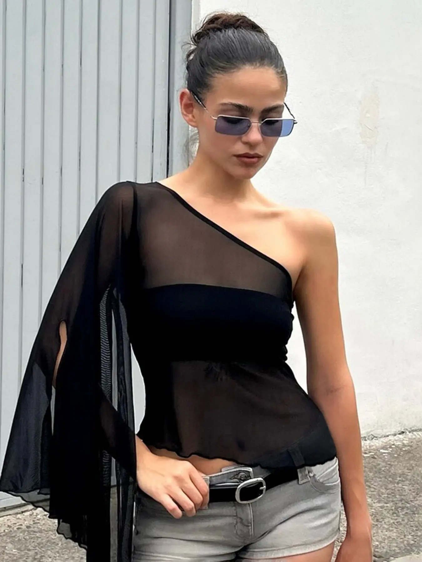 Elegant Asymmetrical Neckline Off-Shoulder Top, Sheer Mesh Patchwork One-Shoulder T-Shirt Women, Casual Slim Fit, Perfect for Dates, Parties, Night Out