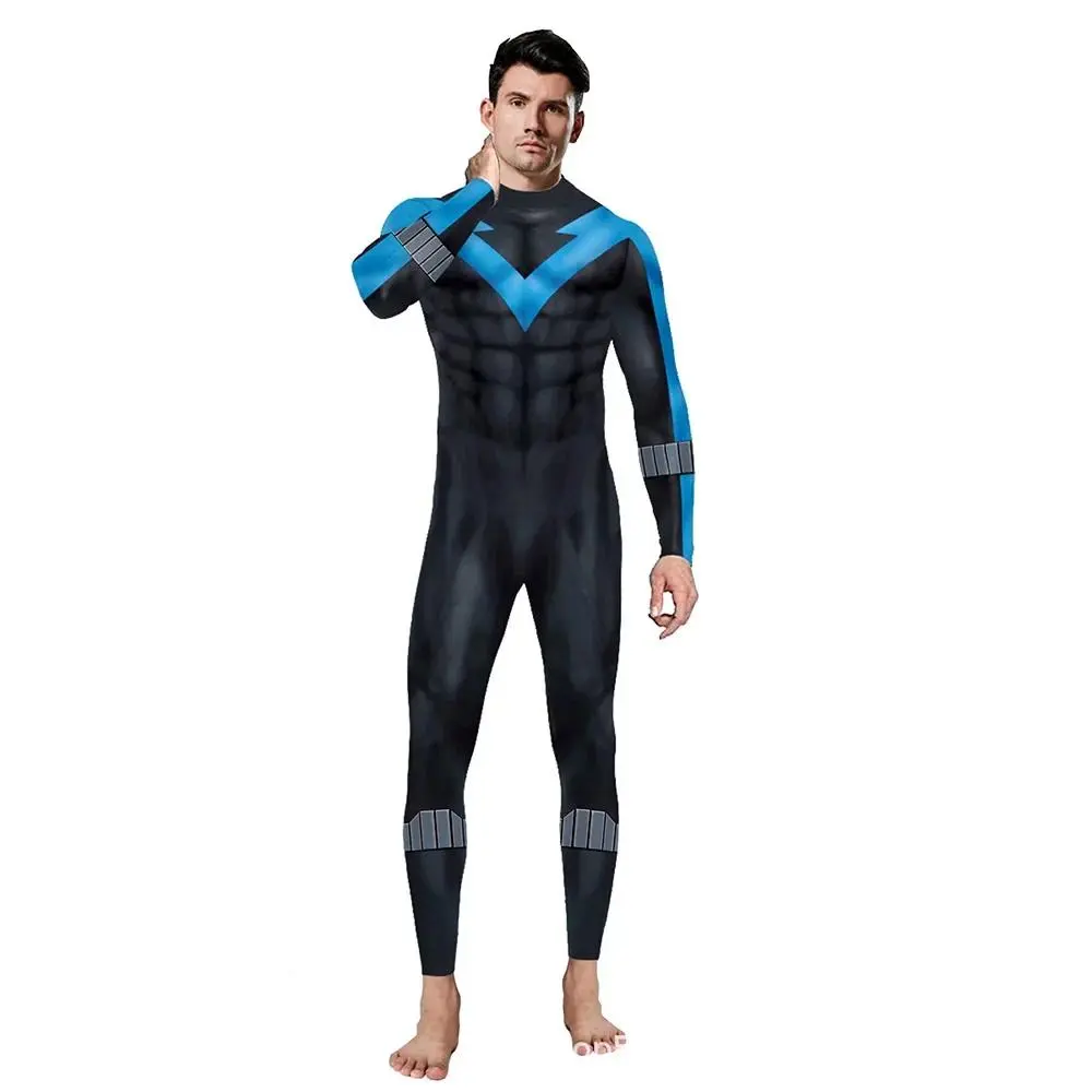 Disfraz Hombres Adultos Superhero Men's Cosplay Cool Blue Black Tights Muscle Bodysuit Suit Carnival Party Role Play Tights