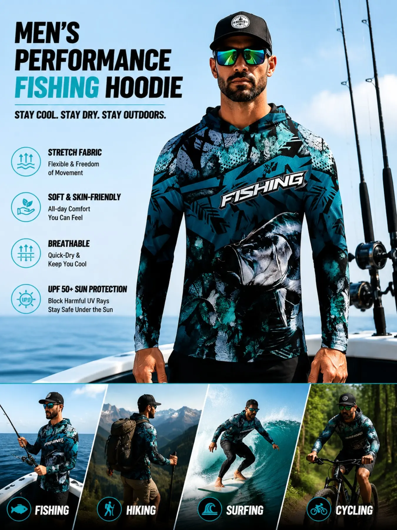 Men UPF50+ Sun Protection Hooded Fishing Shirt Realistic Sea Bass Fish Ocean Wave Print Quick Dry Breathable Mesh Long Sleeve Outdoor Sports Tops For Fishing Hiking Surfing
