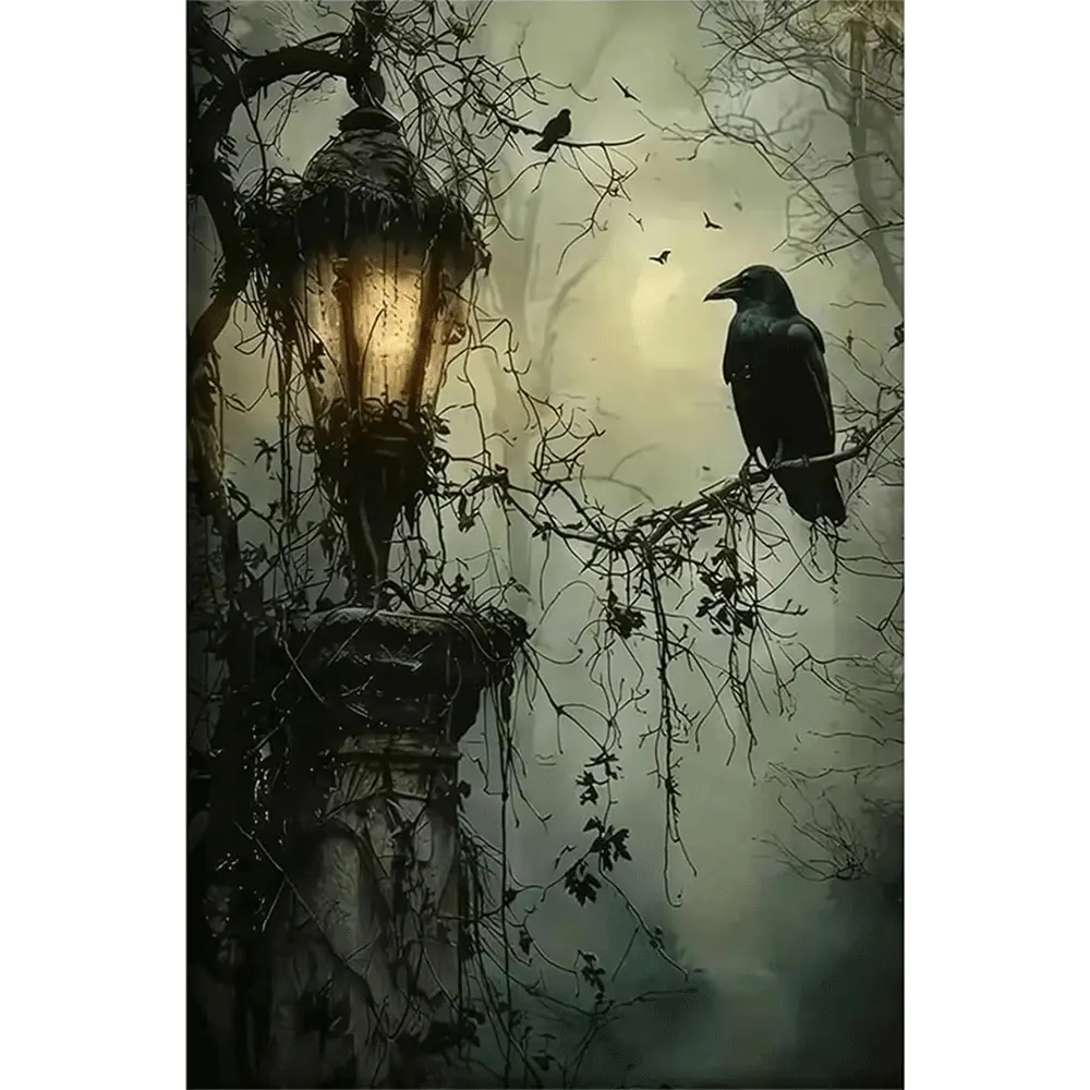 1PC,2D Vintage Gothic Lantern & Raven Diamond Painting Kit Mysterious Moonlit Forest Scene with Crows and Twisted Branches DIY Craft Handicraft for Home Wall Decor Art Gift for Adults and Kids