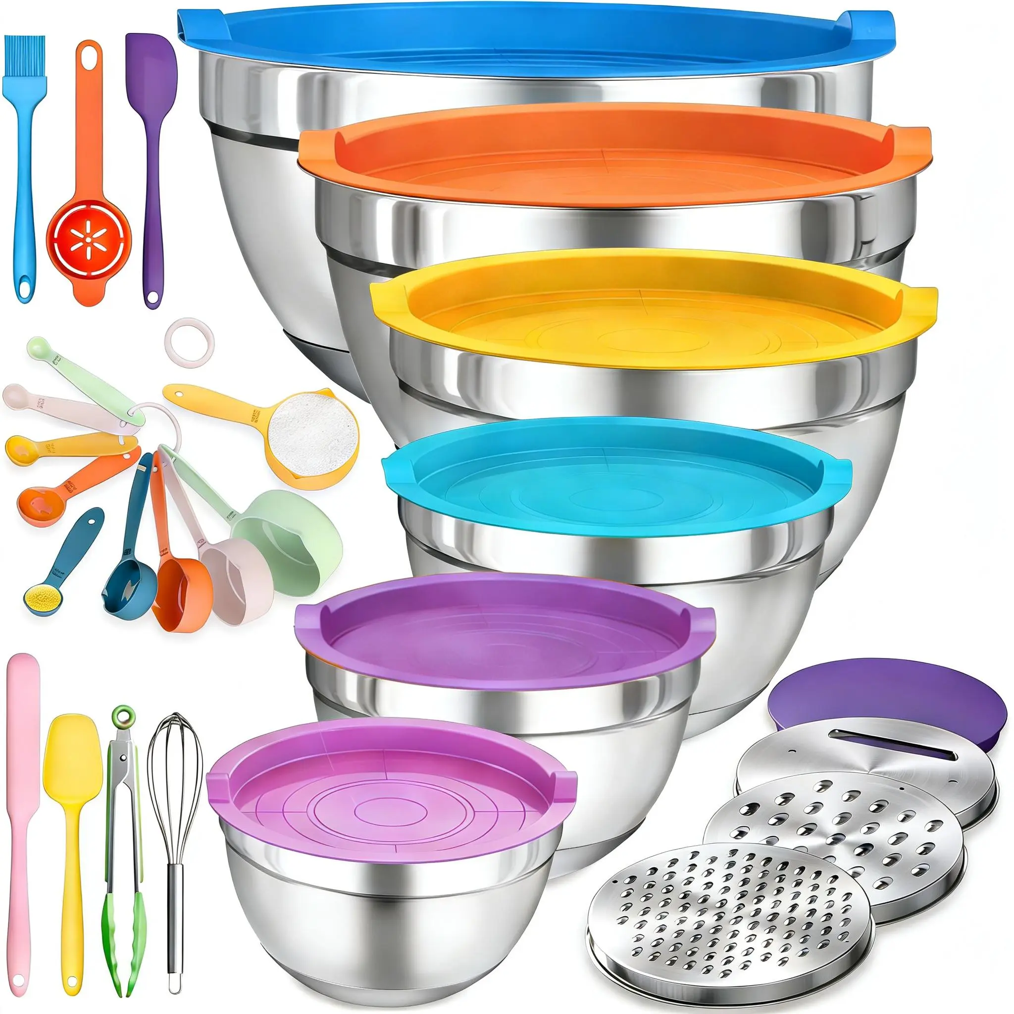 26PCS Multi-Size Food-Grade BPA-Free Stainless Steel Khaki Stackable Mixing Bowls Set - Airtight Lids, 3 Grater Attachments, Non-Slip Bottoms, Kitchen Gadgets for Bowl Prep, Serving (1QT,1.5QT,2.0QT,2.5QT,4QT,7QT) Tableware, Utensils, Salad Serving Bowls