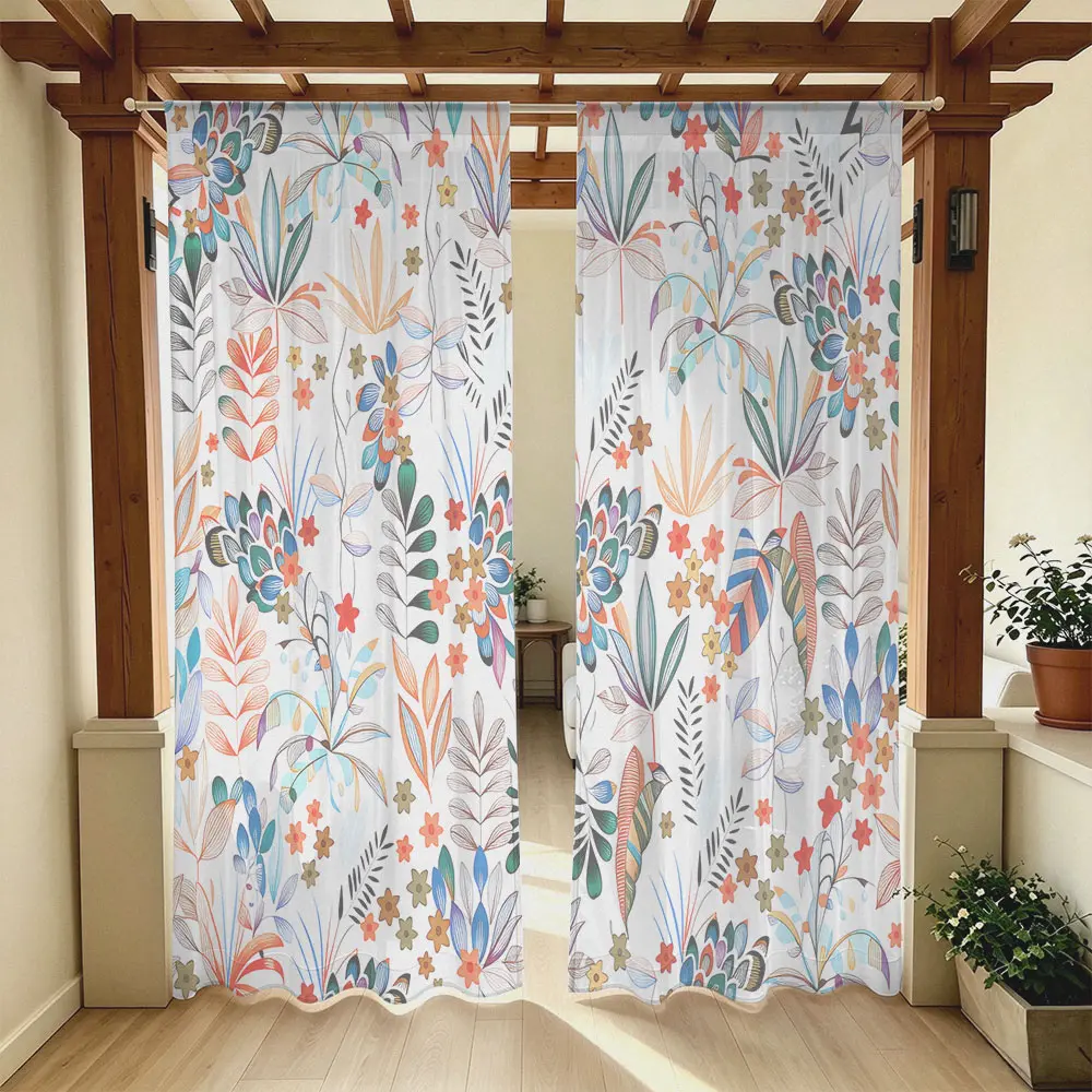 2 Panels Vintage Watercolor Floral Print Light Filtering Sheer Curtains, Window Curtain, Rod Pocket Design, Semi-Transparent Privacy Drapes,Ideal for Bedroom, Living Room, Kitchen, Home Decor