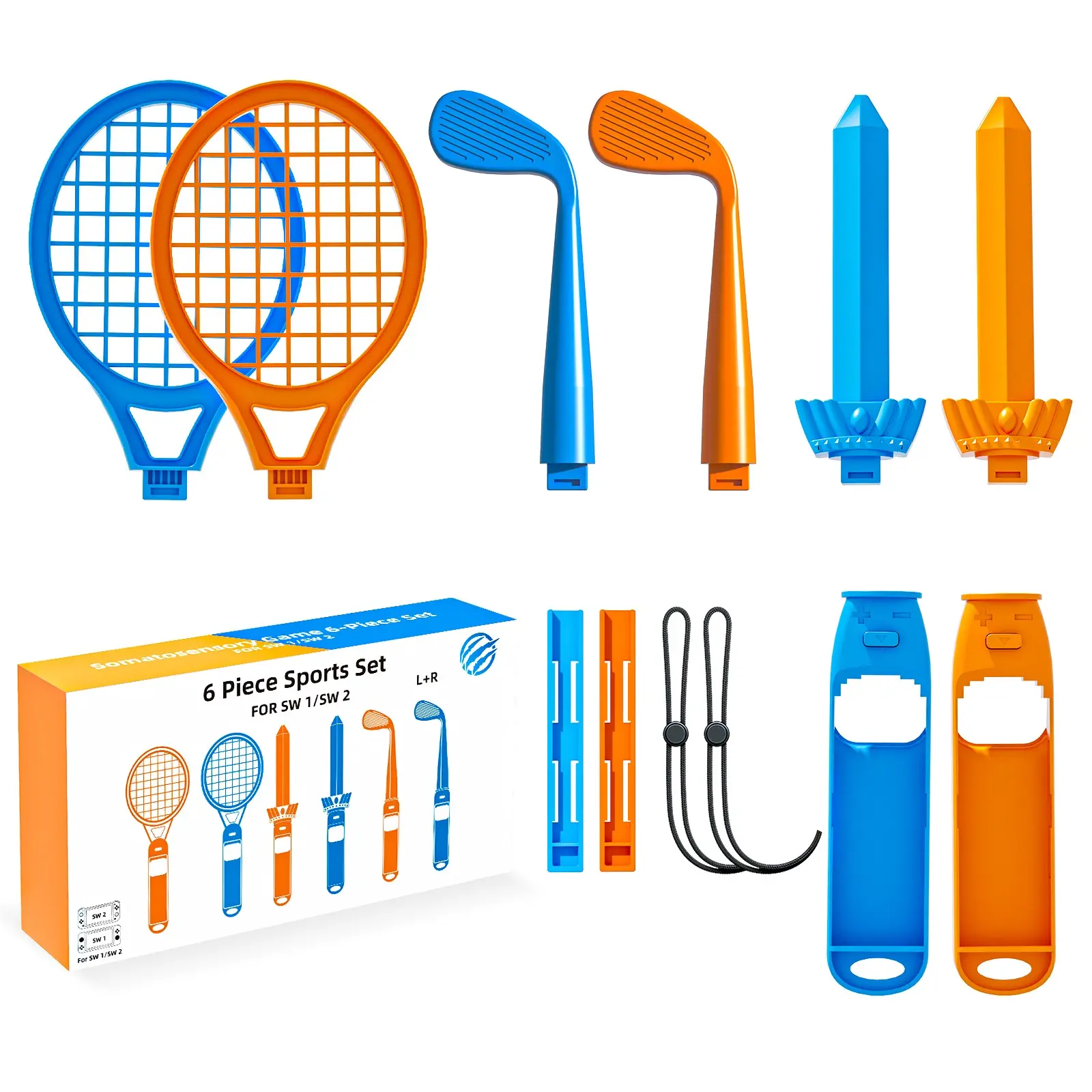 6-Piece Sports Accessories Kit Compatible with Switch and Switch 2 Controllers, 2-Player Tennis Rackets, Golf Clubs, Sword Grips and Wrist Straps, Blue and Orange