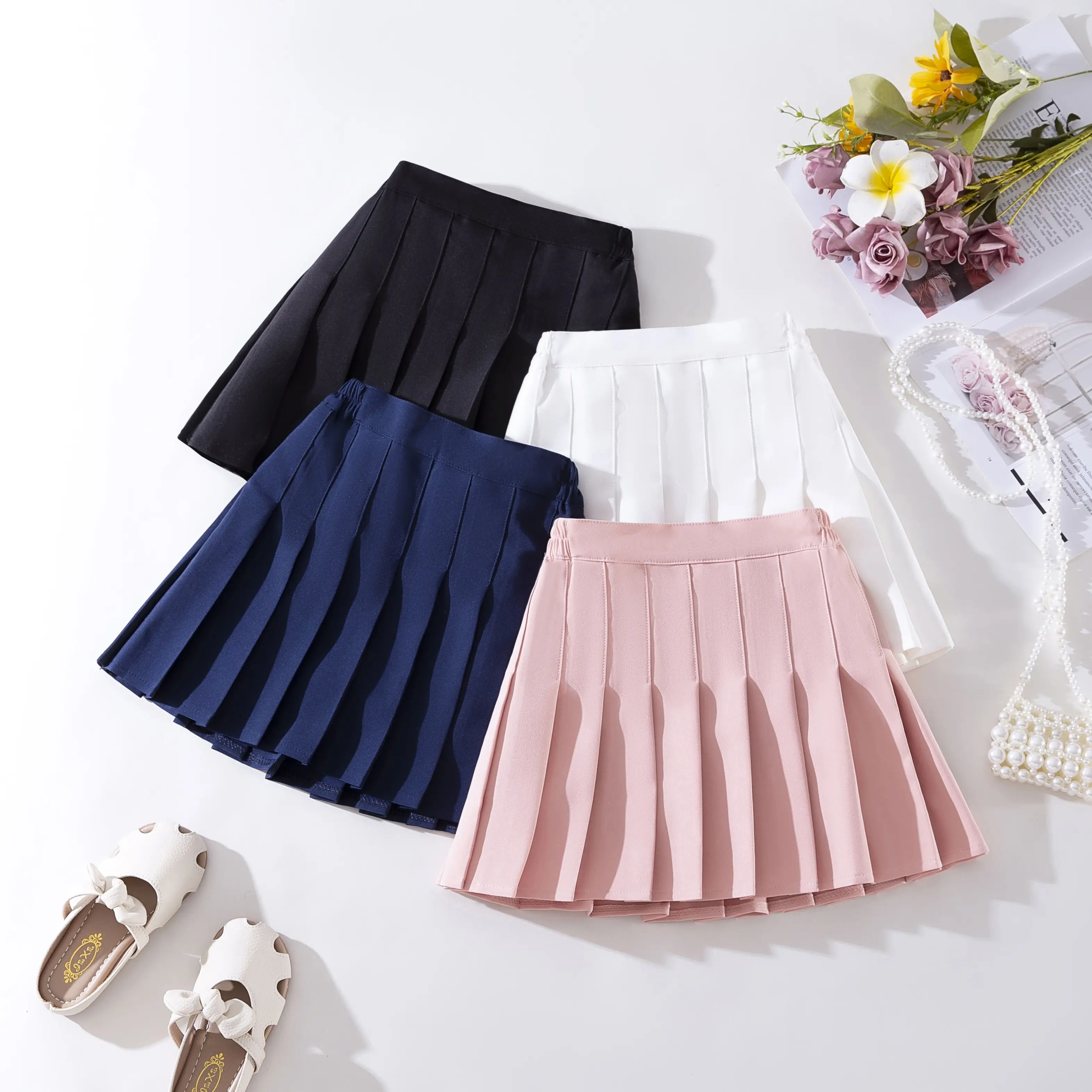 Girls' Chic Navy Blue Preppy Poly Blend Short Pleated Skirt - 100% Polyester & Spandex, Machine Washable, School Uniform for Children, Ideal for Everyday Use in Spring/Fall, Short Skirt, Preppy Look, Clothing