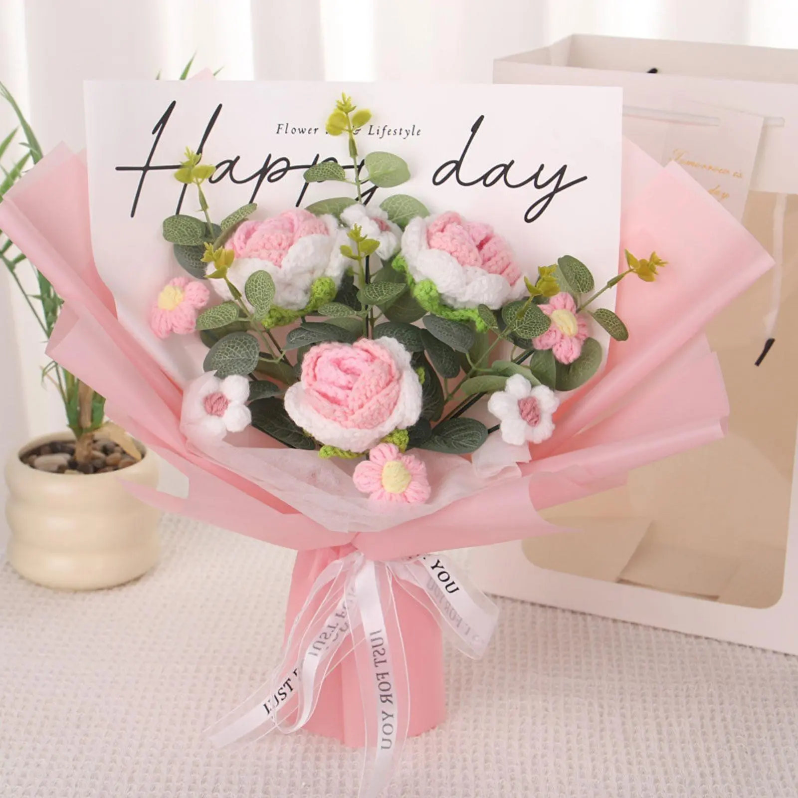Holiday handmade crochet bouquet of 3 roses, 1 set of artificial corsage, knitted flowers, Teacher's Day, Mother's Day, birthday gift, home decoration, party decoration, fruits, decorative bouquet