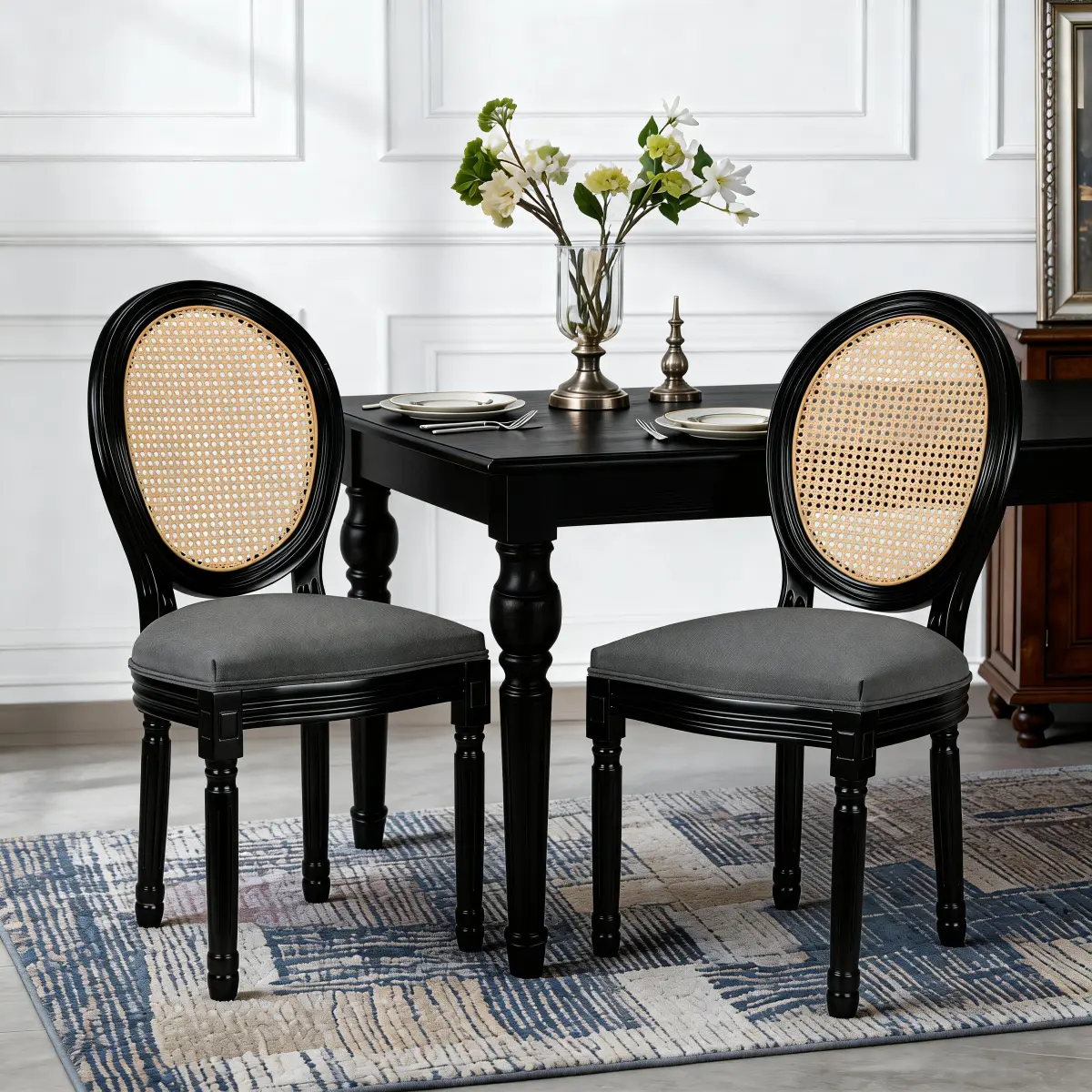 French Dining Chairs Set of 2, Upholstered Chairs, Vantage Dining Chair with Round Back, Wood Leg Farmhouse Country Rattan Dining Chair for Kitchen,Bedroom,Dark Grey Fabric