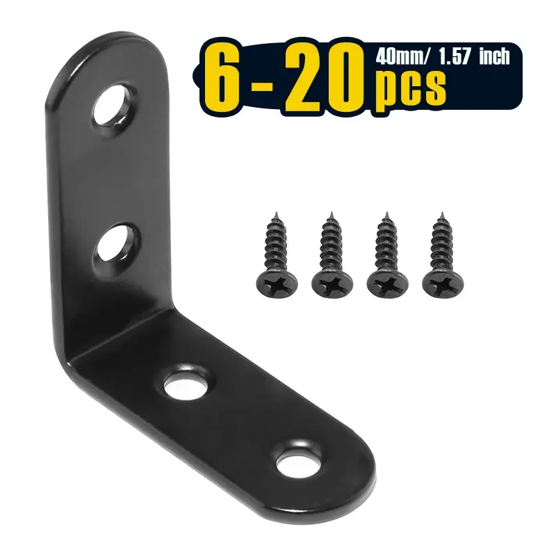 6-20 Pcs Black Corner Brace L Bracket, 40mm Stainless Steel Right Angle Brackets, Metal Joint Right Angle Bracket for Wood