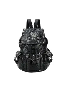 Vintage Rivet Pu Leather Backpack, Women's Punk Style Travel Backpack, Gothic College Bag, Street Style, All Seasons, Plain Pattern