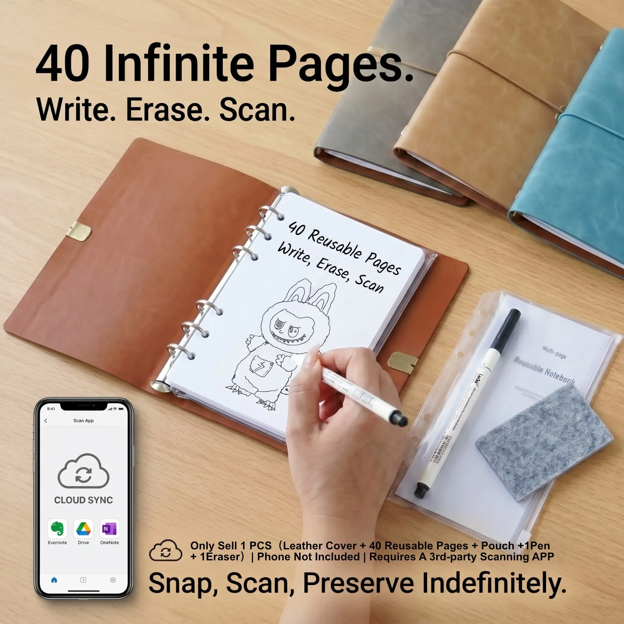 40-Page Leather Erasable Whiteboard Notebook,Writable Notepad| A6 Reusable Desk Memo Set w/ Pen & Bag | Ideal for Office, Designers & Students