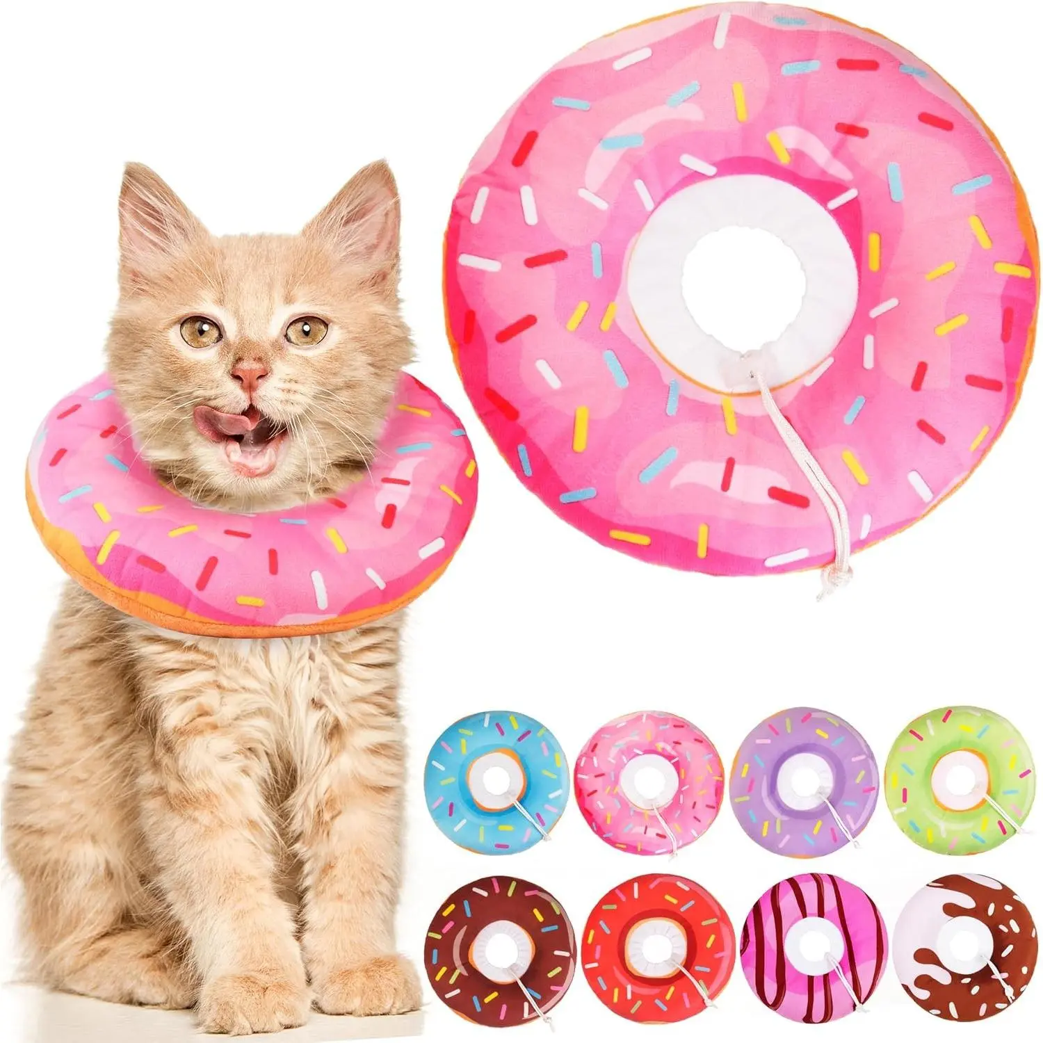 Soft Adjustable Cat Recovery Donut Cone Collar, Cute Donut Design, Anti-Lick for Post-Surgery Wound Healing, Pink for Small Kittens