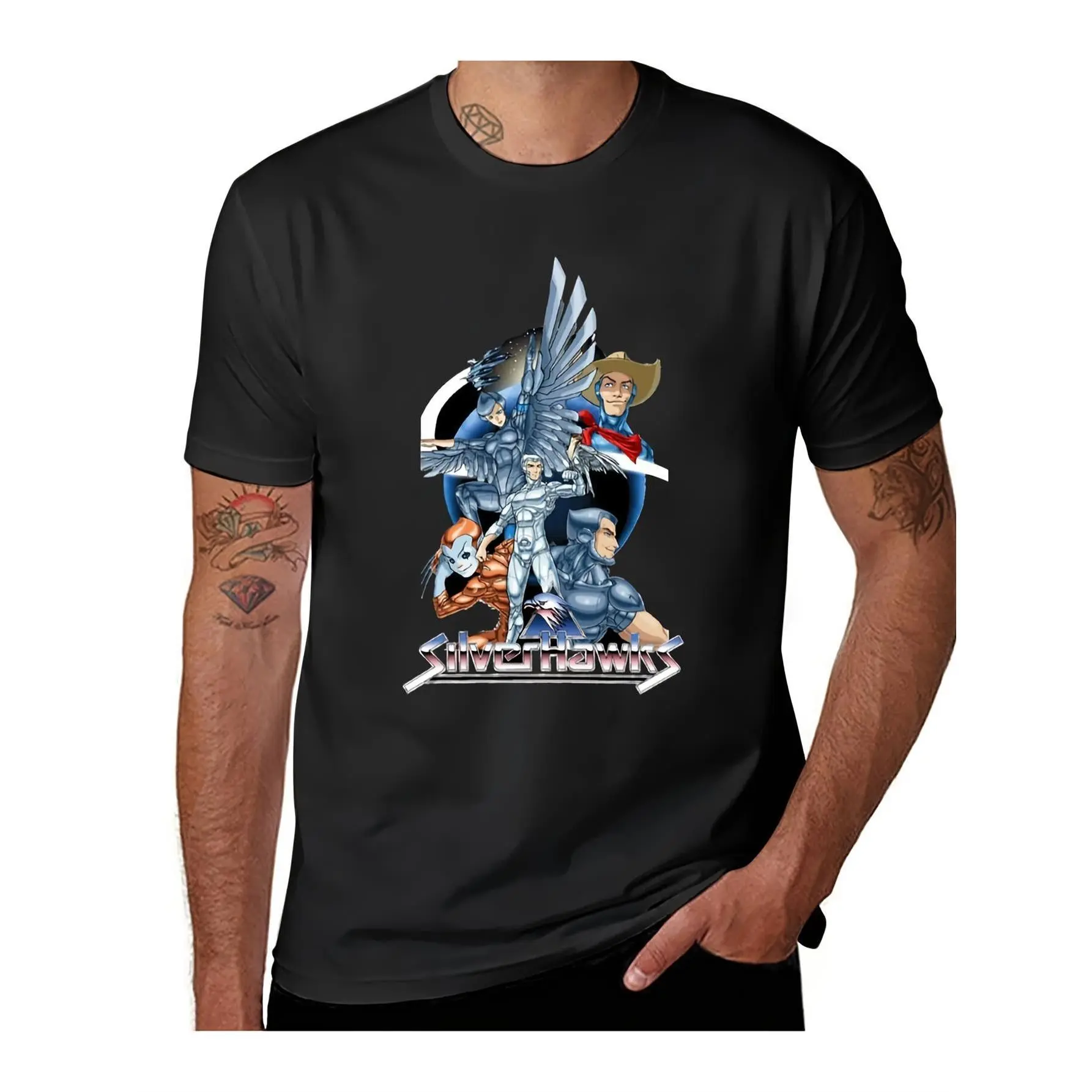 Vintage SilverHawks Classic 80s Cartoon Superhero Team Graphic Crew Neck Tee for Men, Retro Old School Animated Series All Main Characters Group Art Print Short Sleeve Casual Pullover T-shirt, Nostalgic 1980s Cartoon Fan Regular Fit Knit Top, Slight Stret