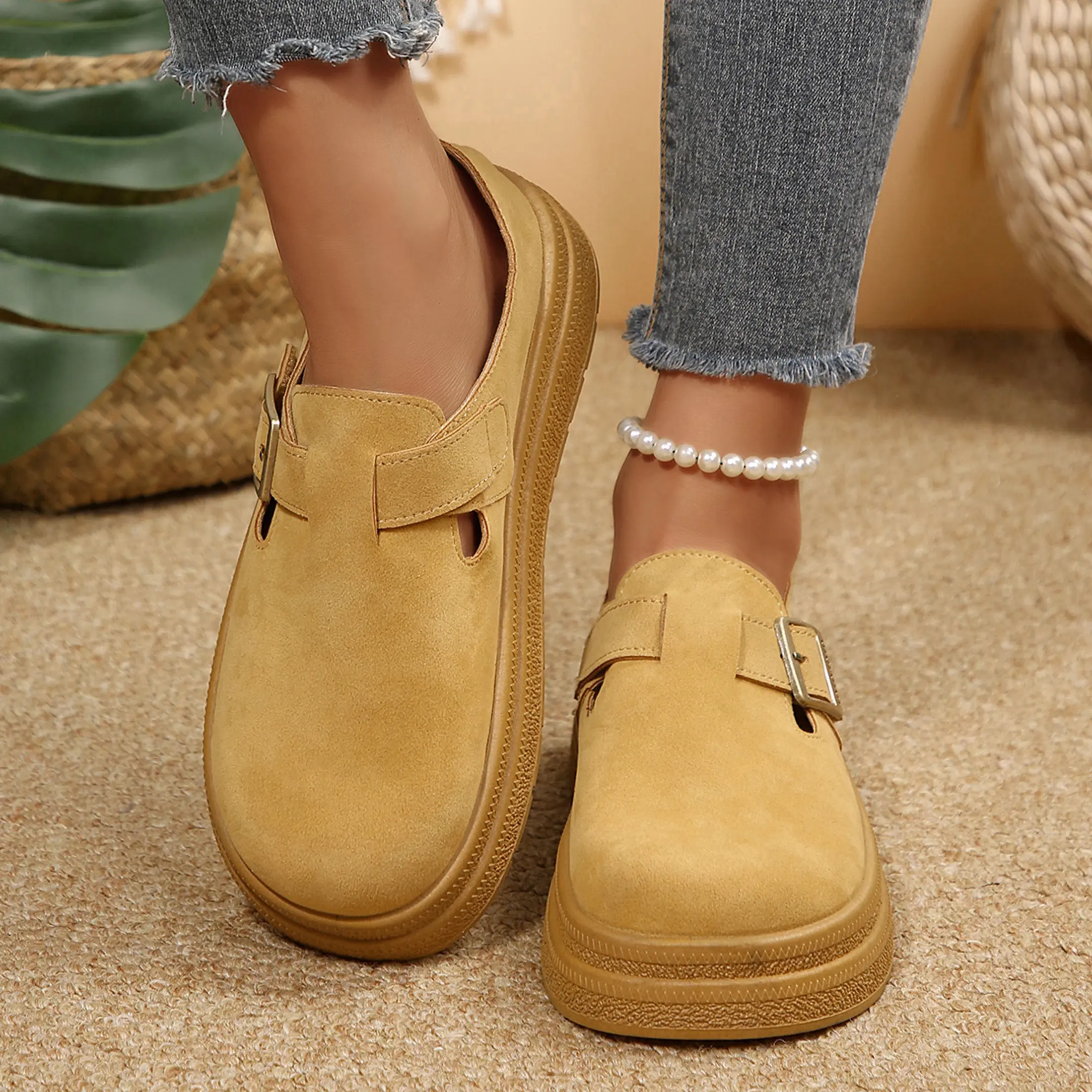 Women's Loafers Suede Clogs Cork Footbed Slippers Adjustable Buckle Slip-On Loafers Potato Shoes