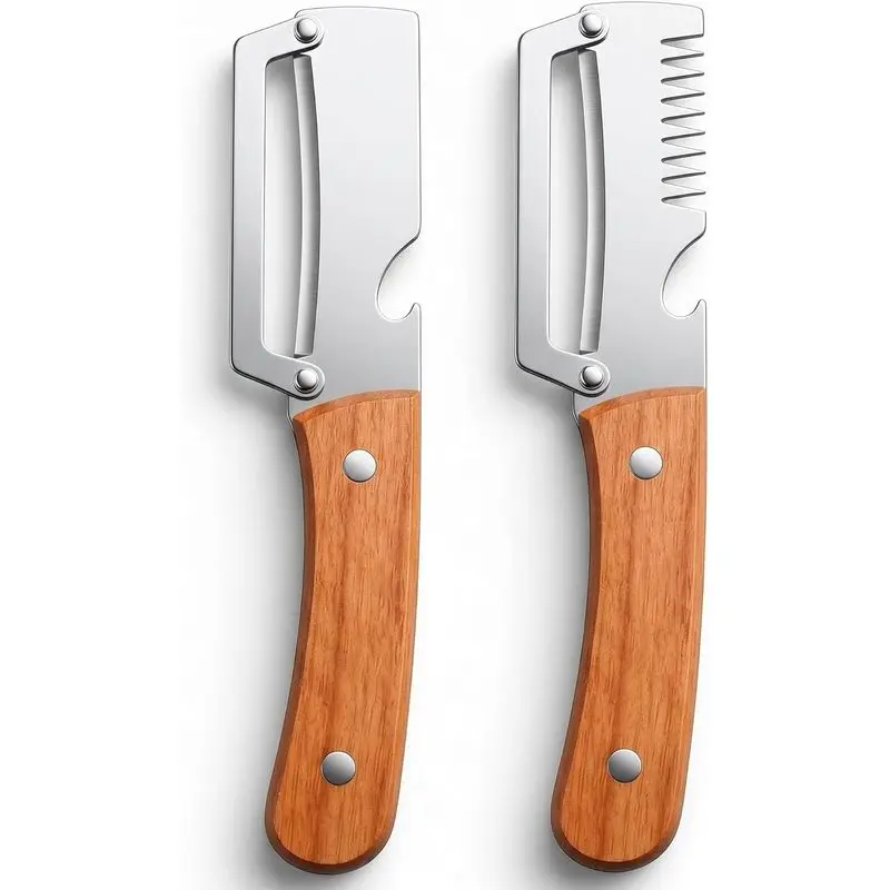 2 Pcs Multi-Functional Vegetable Peeler, Stainless Steel Thickened Fruit Peeler Knife with Wooden Handle & Bottle Opener, 2-in-1/3-in-1 Kitchen Tool Utensils for Home Cooking