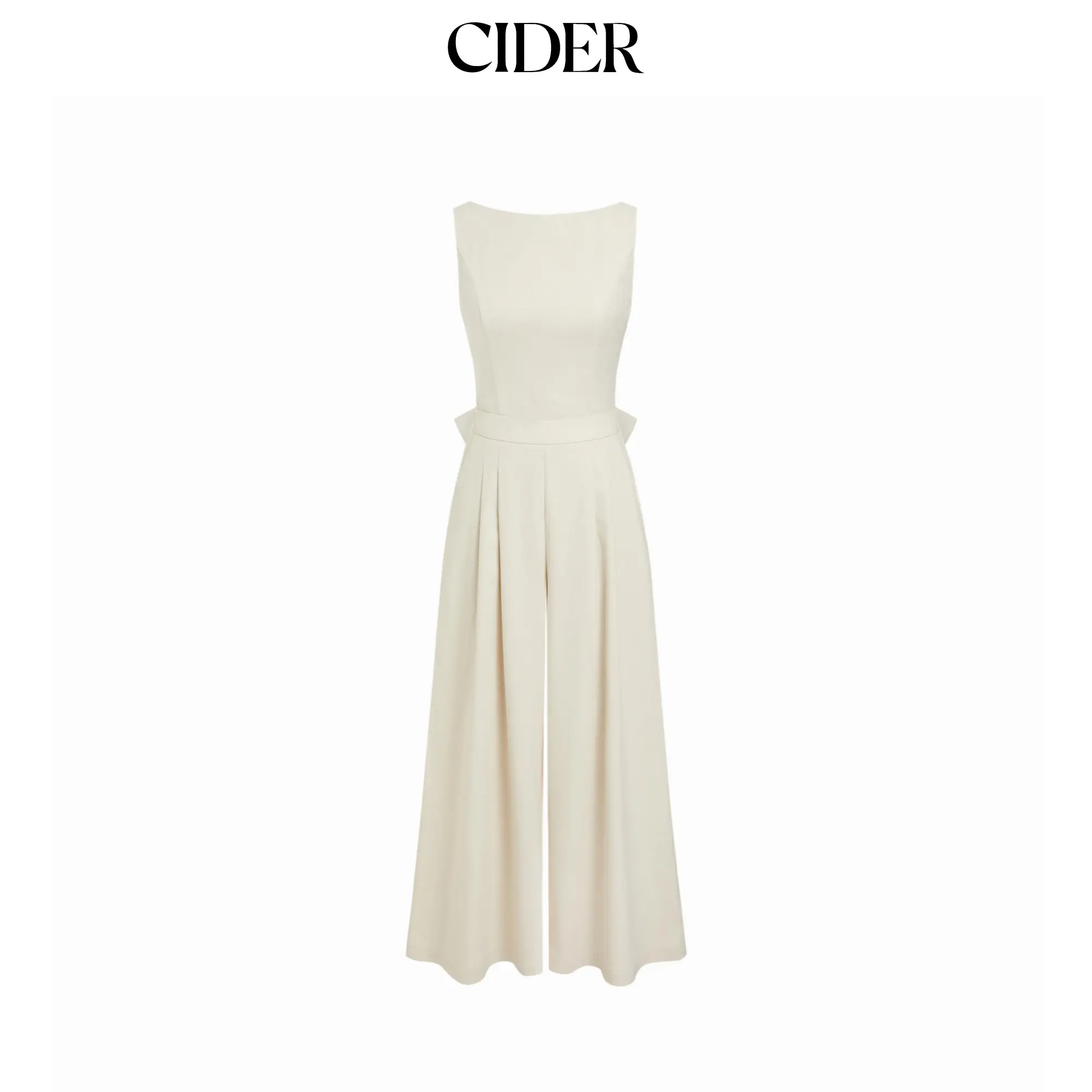 Cider Linen-blend Boat Neck Backless Pleated Oversized Wide Leg Jumpsuit