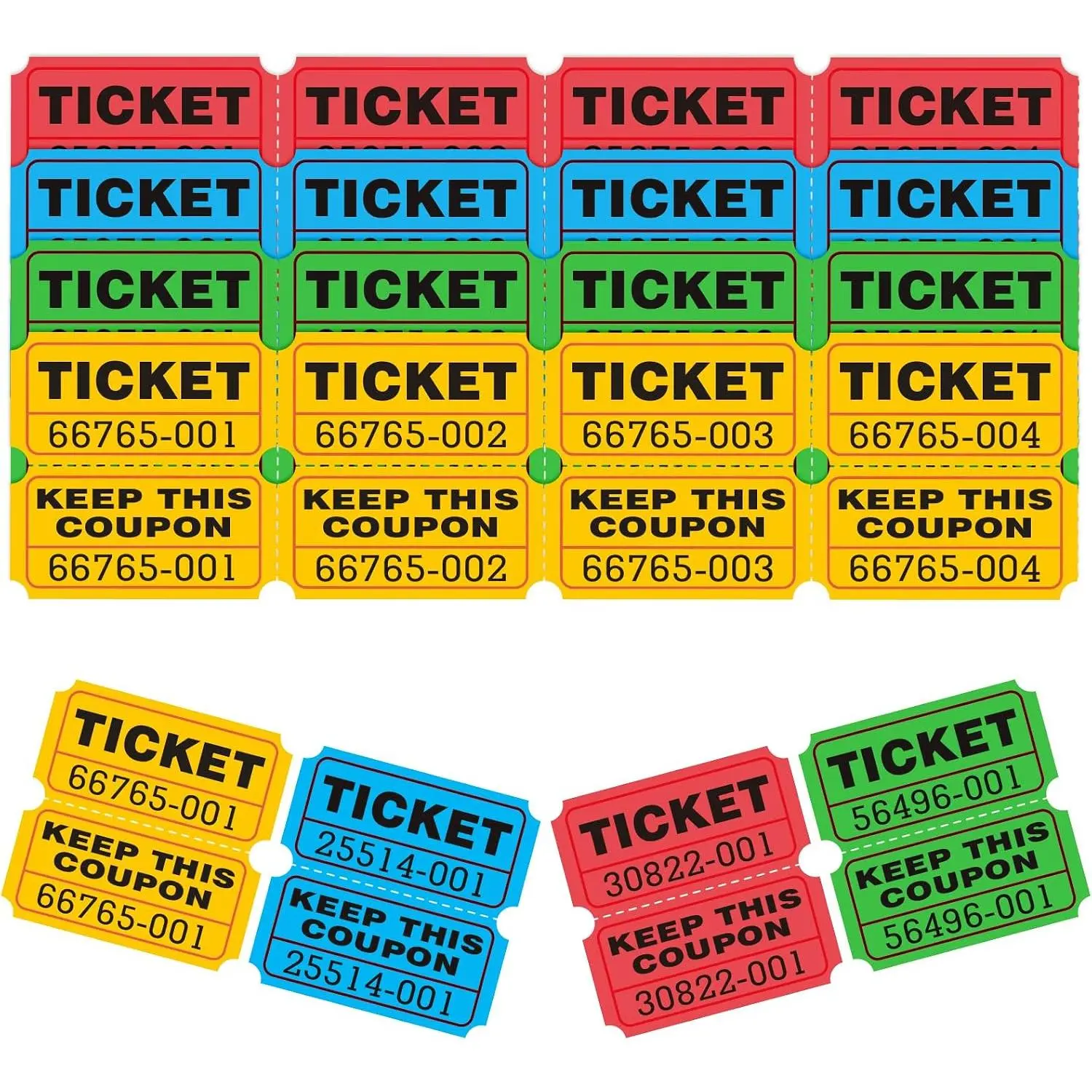 800 count 400 Pairs Raffle Tickets,50/50 Double Ticket,100 Double Tickets Per Stack, Ticket for Events, Entry, Carnivals,and Door Prizes 4  Colors (Blue, Yellow, Red, Green)