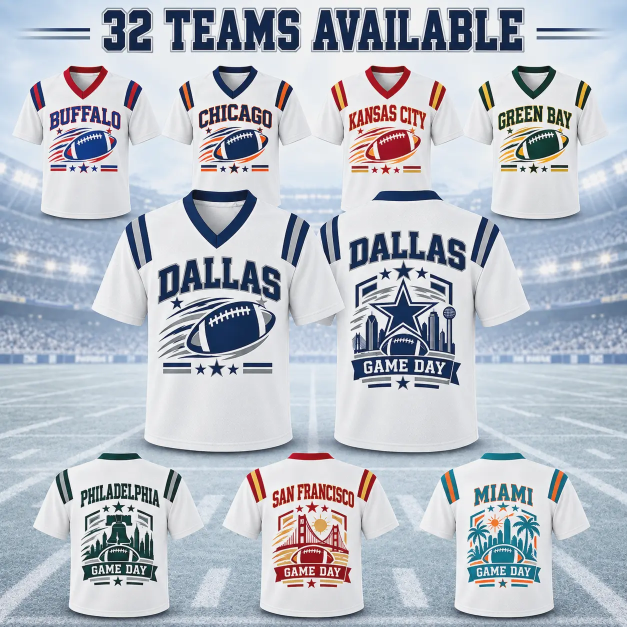 32 Team Styles Available, Unisex American Football Fan Jersey, White V-Neck Mesh Game Day Shirt, Dallas Buffalo Chicago Kansas City Football Fan Gift
