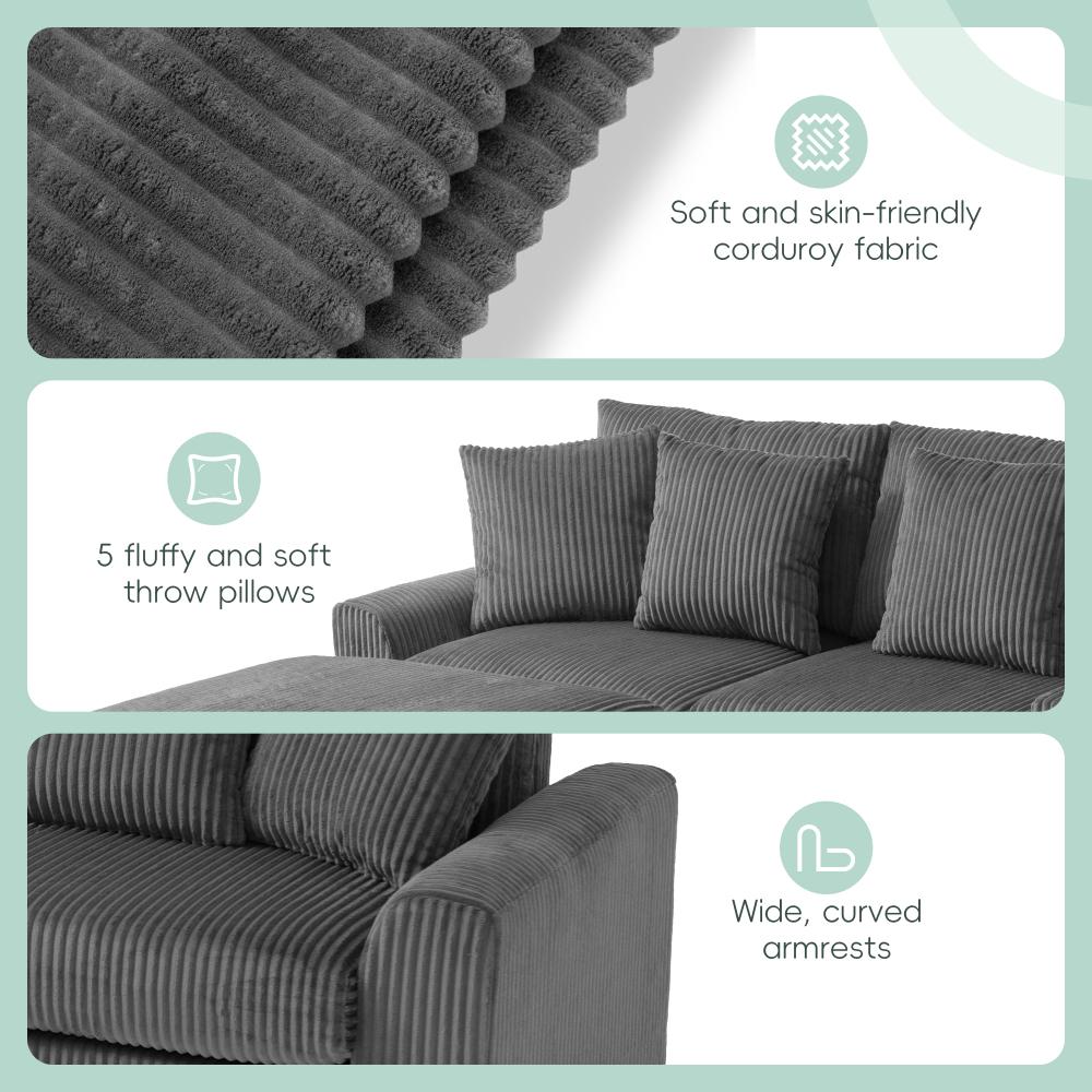 112'' Corduroy Sectional Sofa with Bluetooth Speakers, L-Shaped Couch with Console, USB Charger, Cup Holders, Storage, Ottoman, Deep and Wide Seat Cloud Sofa for Living Room & Apartment