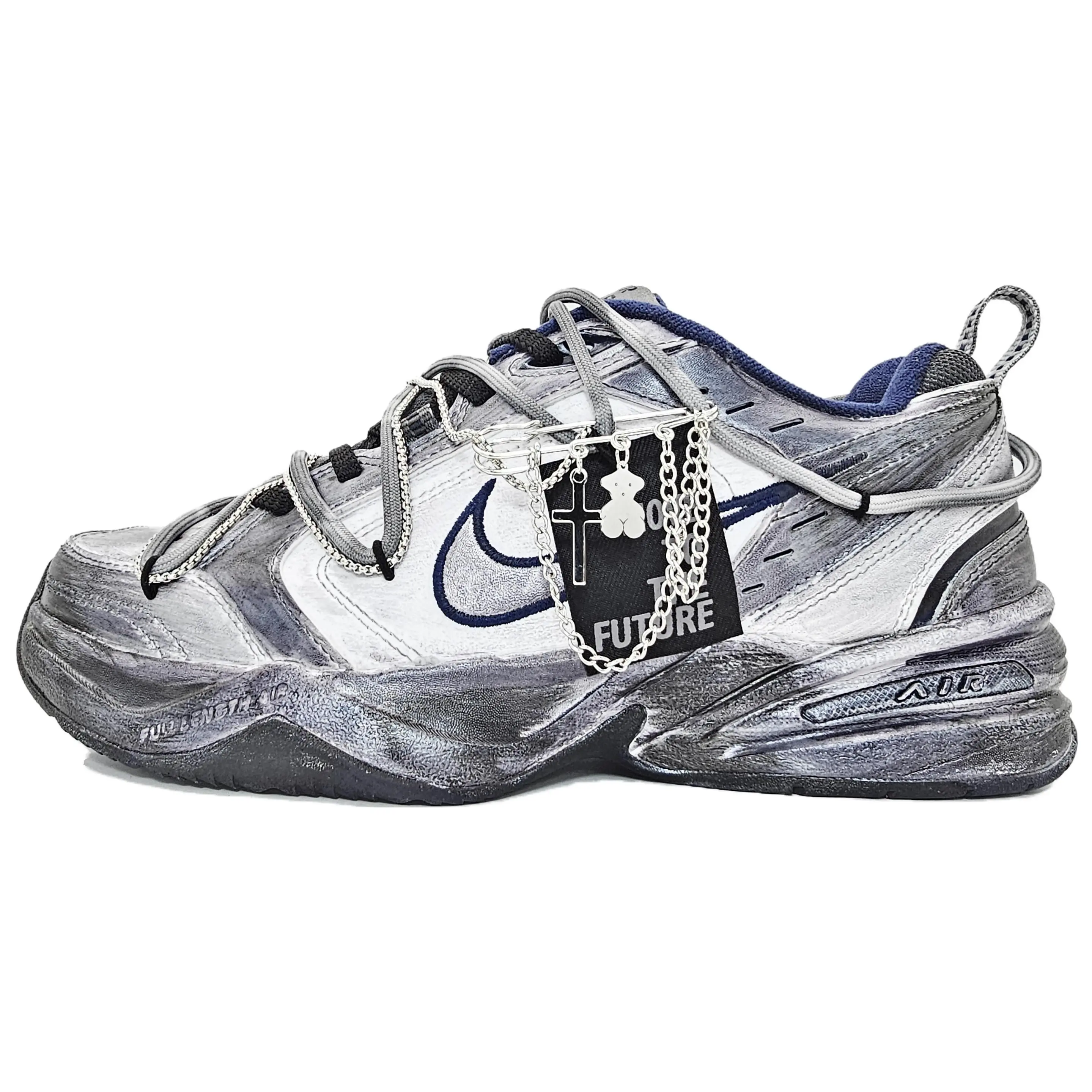 Nike Air Monarch 4 Customized Hacker Liquid Titanium Silver PU Sneakers – Unisex Dad Shoes with Cushioning, Non-Slip Traction, and Height-Increasing Design Verifiable, with credentials and supporting global authentication