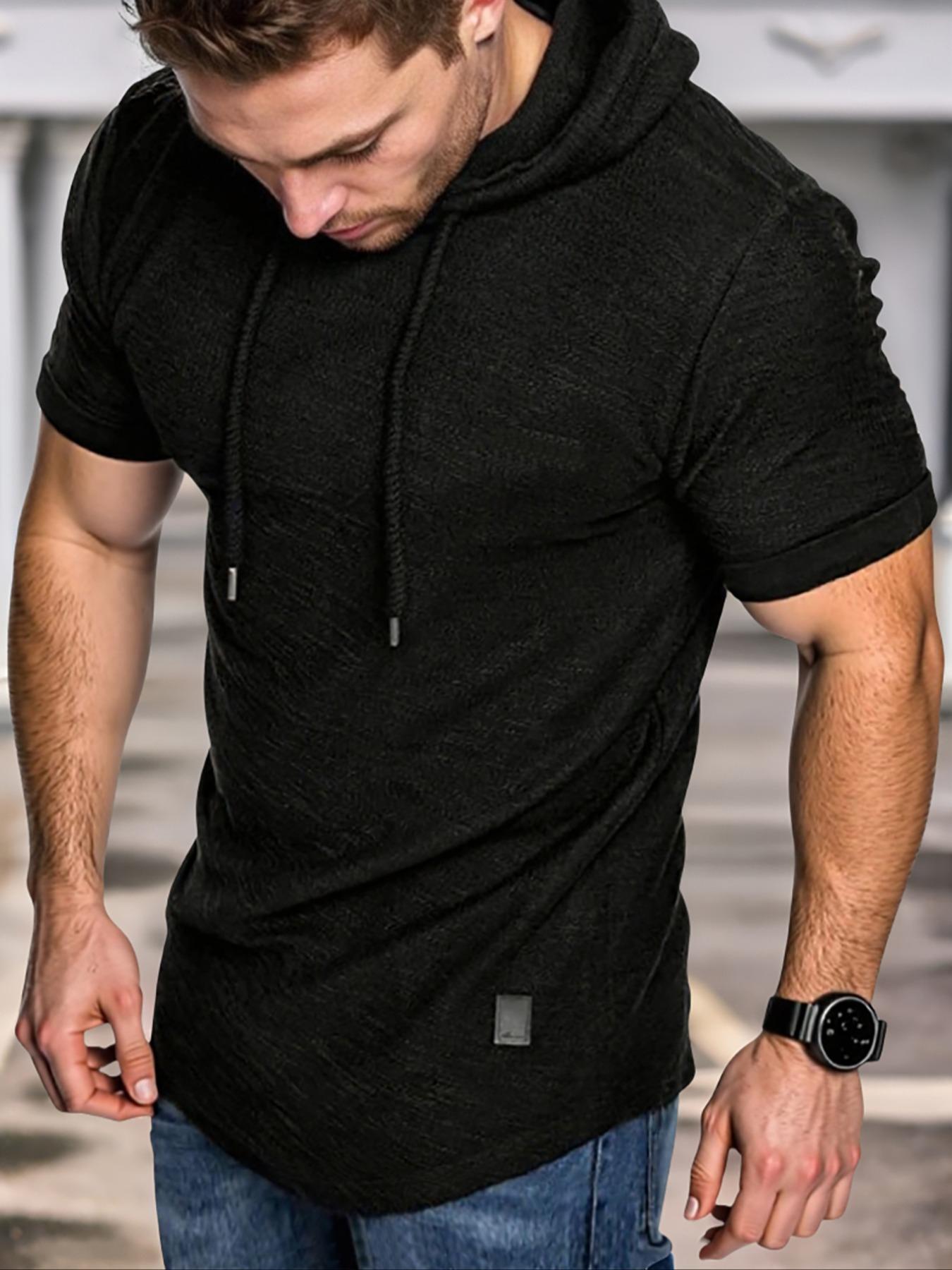 Men's Solid Plain Drawstring Hooded Jersey Tee, Casual Regular Fit Short Sleeve T-Shirt for Summer, Menswear for Daily Wear