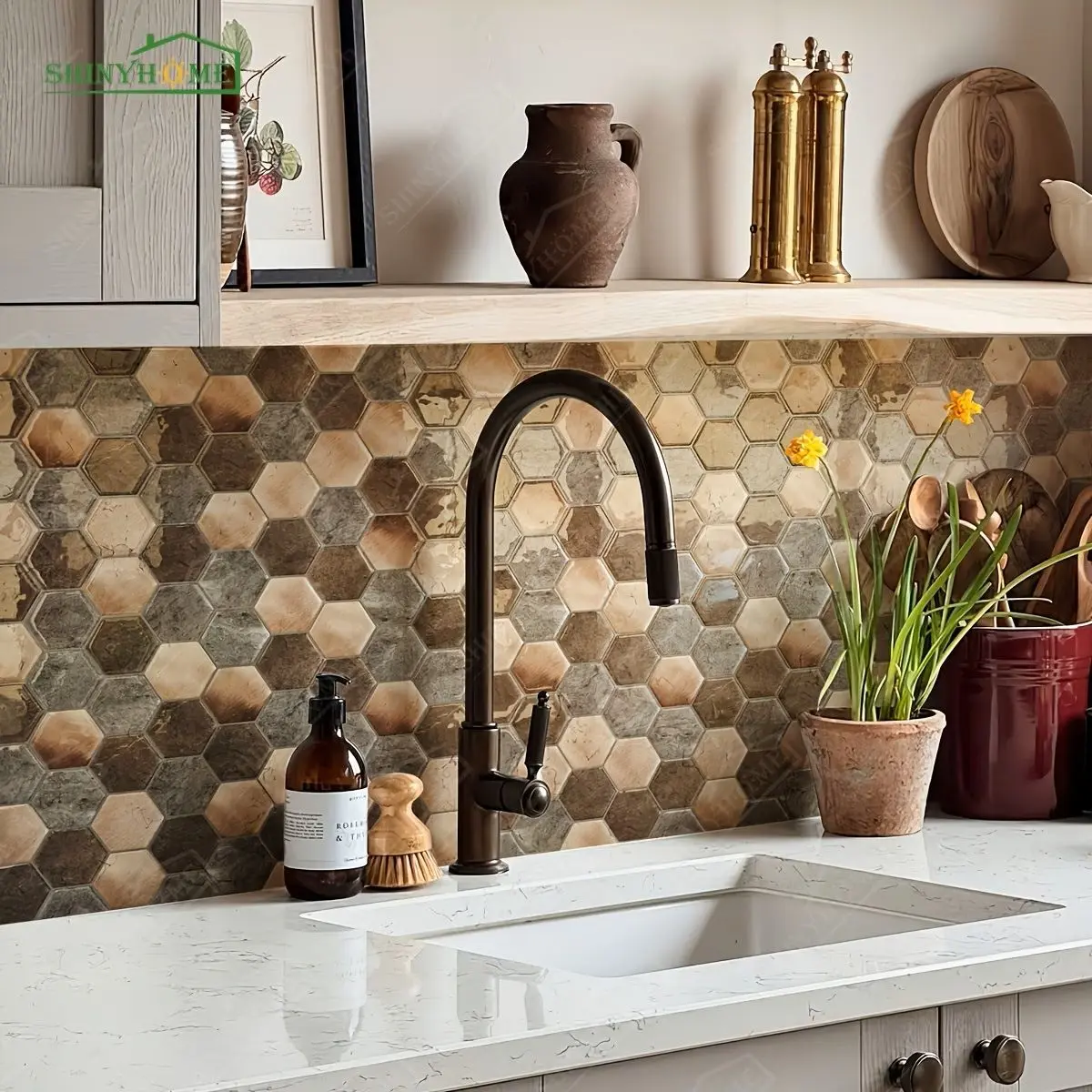 10PCS SHINYHOME 3D Hexagonal Wall Panels, Metal Texture Peel-And-Stick Wallpaper, Stone Pattern, Living Room Decor, Modern Industrial Style