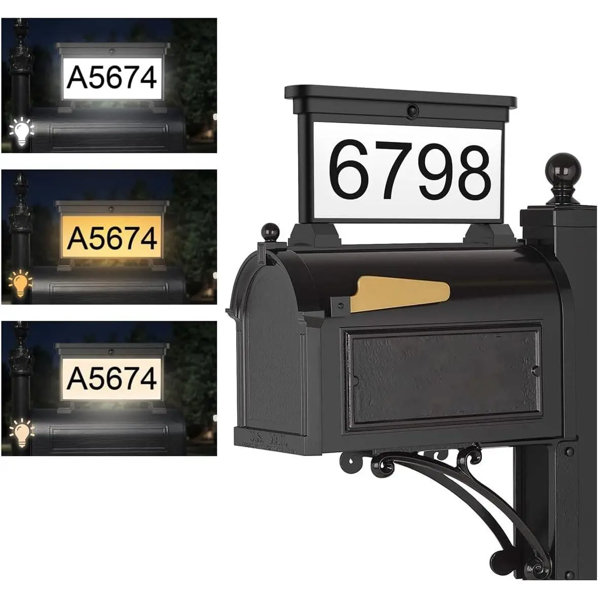 Solar Address Sign,Double-Sided 3-Color Lighting LED Mailbox Number Plaque,Waterproof Outdoor Address Plaque for Mailbox Topper, Address Numbers House Numbers