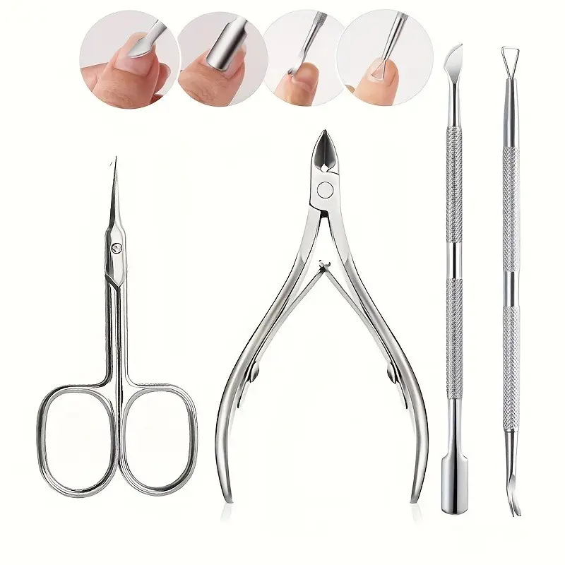 4pcs Professional Nail Care Tool Set, Stainless Steel Nail Clippers, Multi-Function Nail Pusher, Cuticle Pusher, Precision Tweezers