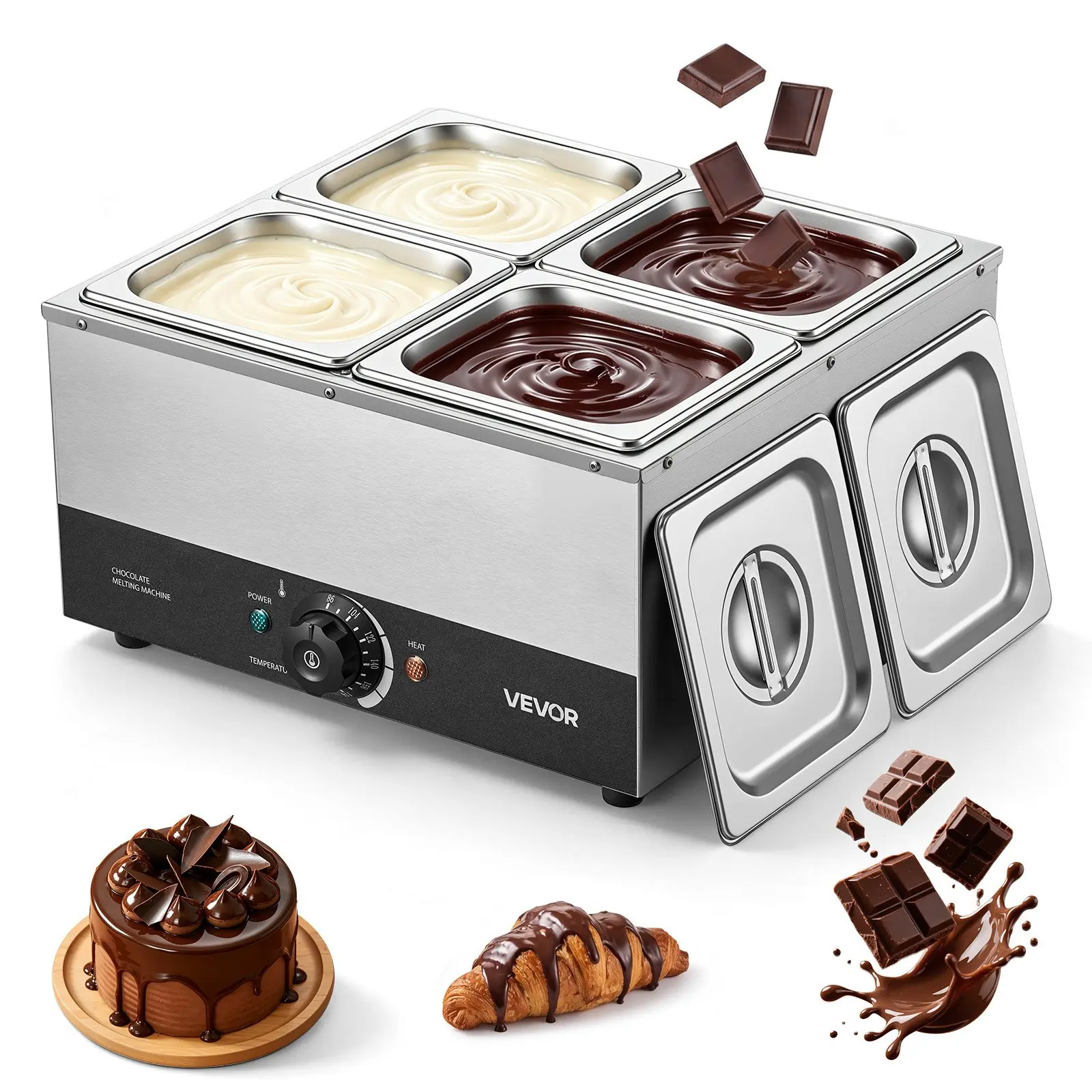 【toolupgrade】VEVOR Commercial Chocolate Melting Machine for Commercial Users, 4-Tank 17.6 lbs Capacity, 1200W Power, Water Bath Heating, Stainless Steel Body, 86-185°F High Temp Control, Warmer for Cheese Milk
