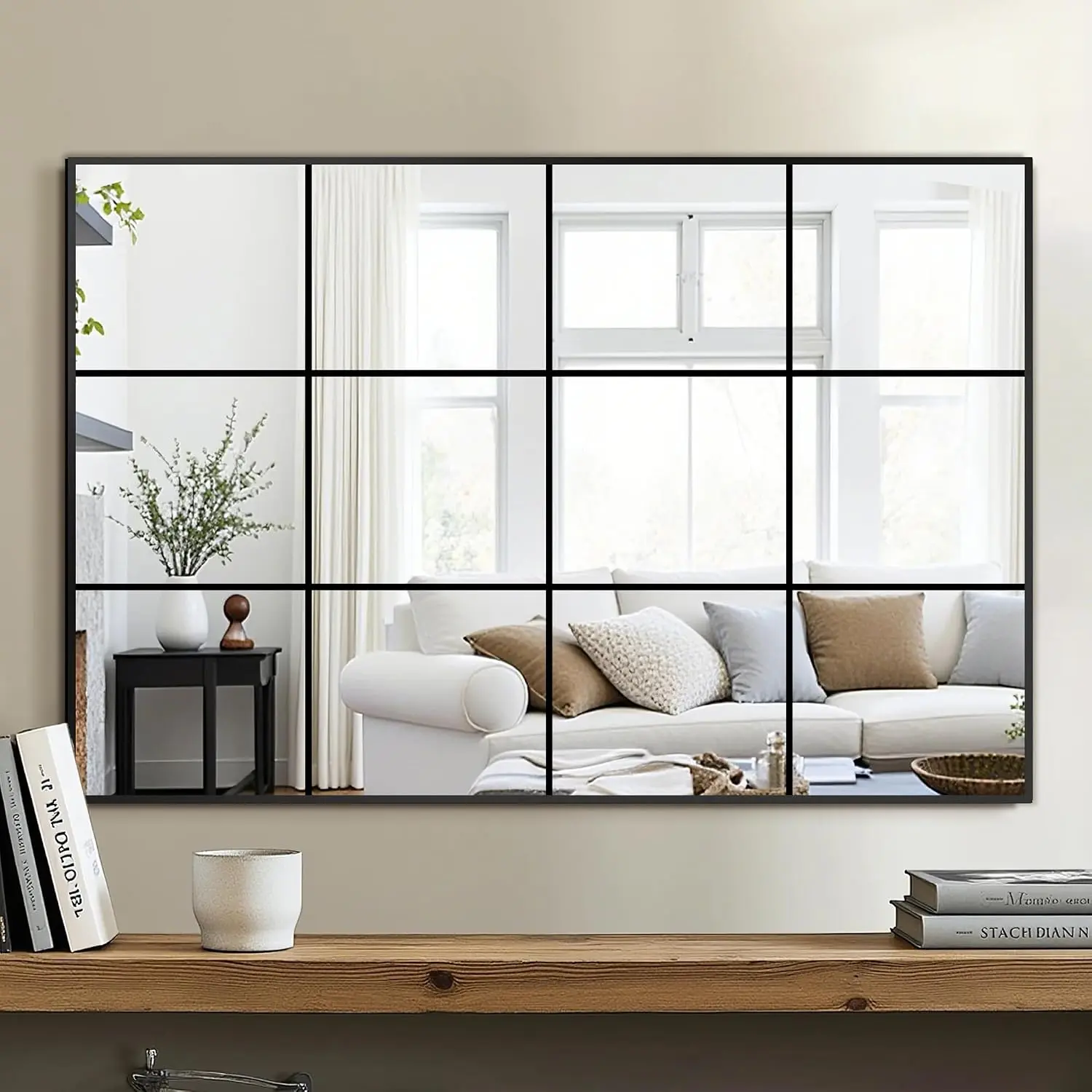 Window Pane Mirror for Wall, 24"x36" Window Mirror Black | Metal Framed Wall Decor, Wall Mounted,  or Leaning for Bedroom, Living Room, Entryway, Dining Room,  Wall Decor