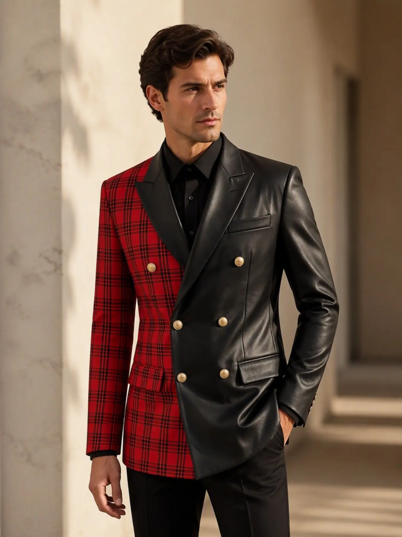 Ainwear Men Asymmetric Double Breasted Blazer, Plaid & Faux Leather Contrast, Casual Fitted Jacket for All Seasons