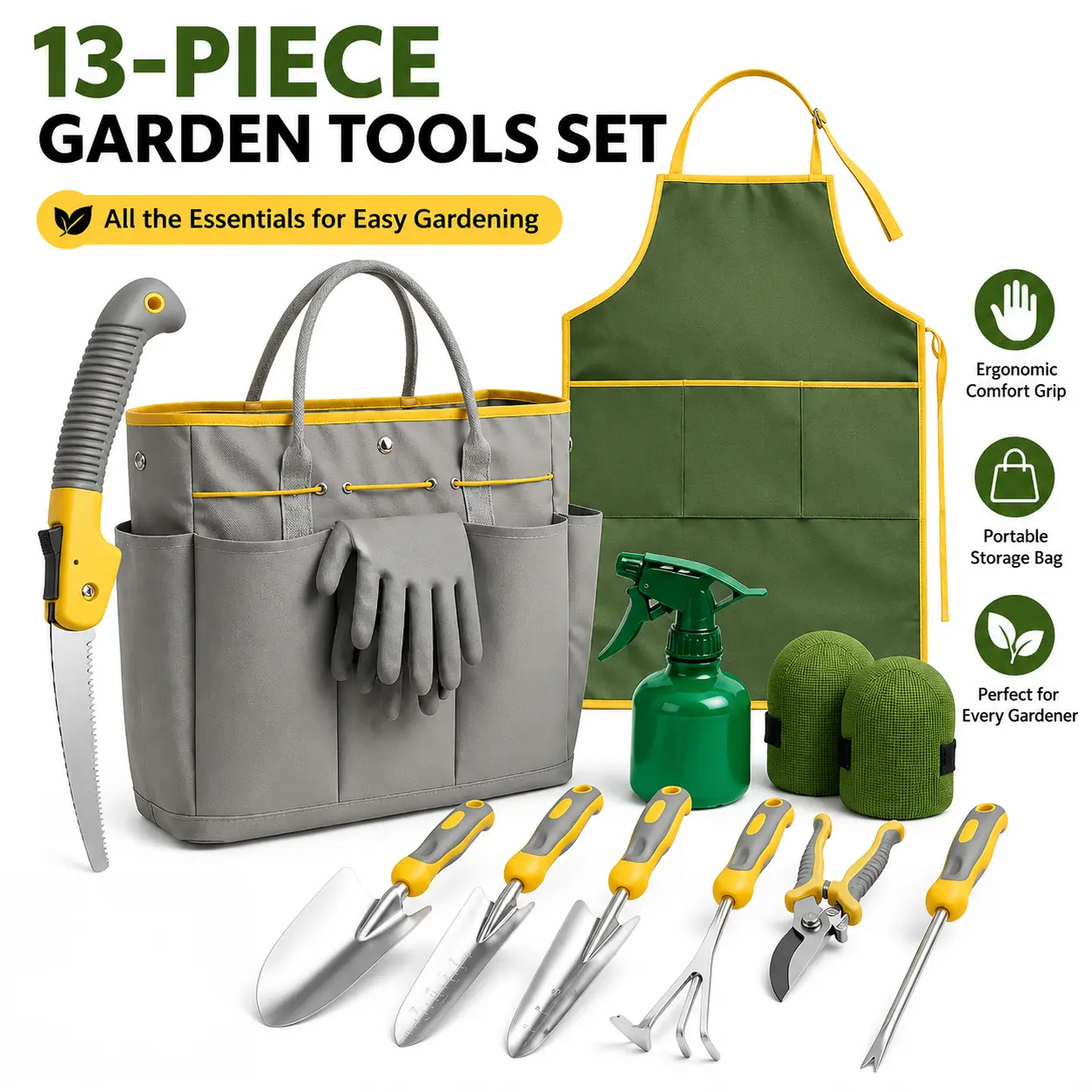 13-Piece Gardening Tool Set, Heavy-Duty Aluminum Hand Tools with Rubber Non-Slip Handles, Includes Garden Apron, Gloves, Kneeling Pad & Storage Bag – Beginner Gardening Kit for Landscaping