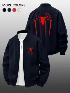 Men's Spring Summer Casual Jacket, Stylish Spider Print, Zip Pocket Design, Loose-Fit, Unlined, Perfect for Daily Wear
