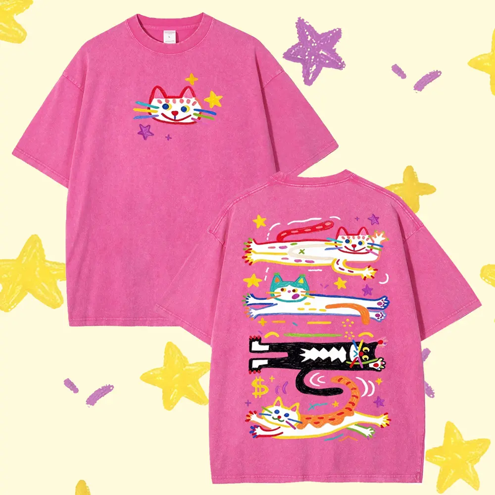 Playful Art Casual Style, Star Cat Unisex Vintage Washed Tee Unisex Graphic Washed T-Shirt Y2k Clothing Round Neck Washed T-Shirt,Women's Clothing 100% Cotton, Menswear, Top, Vintage Style,Summer Casual Oversized