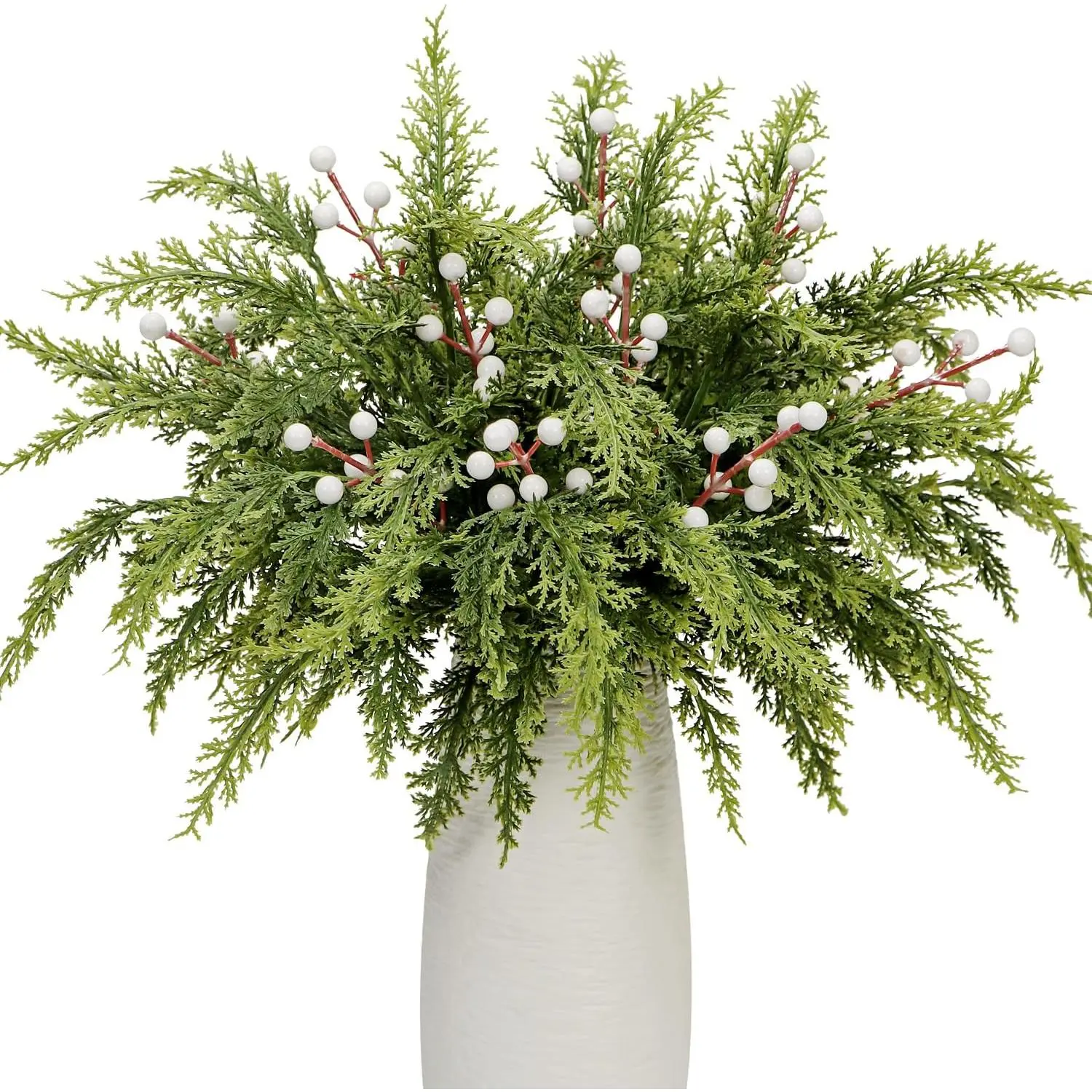 40 count Artificial Pine Branches with Berry Pick, 12.5 Inch Christmas Greenery Picks Foliage Sprigs  Cedar Stems for Xmas Vase Filler DIY Crafts Garland Wreath  Decor (40, White Berry)