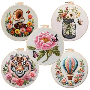 DIY Embroidery Kit with Floral Motifs Hot Air Balloon Pattern, Stitching Materials Set, English Needle Guide for Handmade Craft Art Project, Home Decoration, Diy Kit