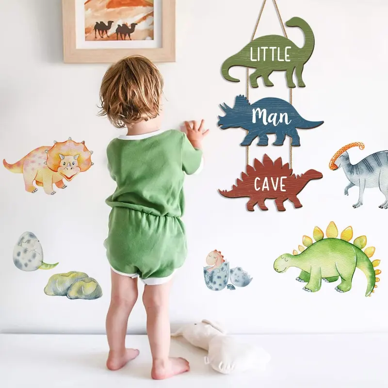 Dinosaur decorations for boys' and girls' rooms, wooden dinosaur hanging plaques for leisure corners, three-piece retro-style dinosaur-shaped wall decorative plaques, dinosaur-themed door and wall decorations for boys' bedrooms and nurseries, rustic woode