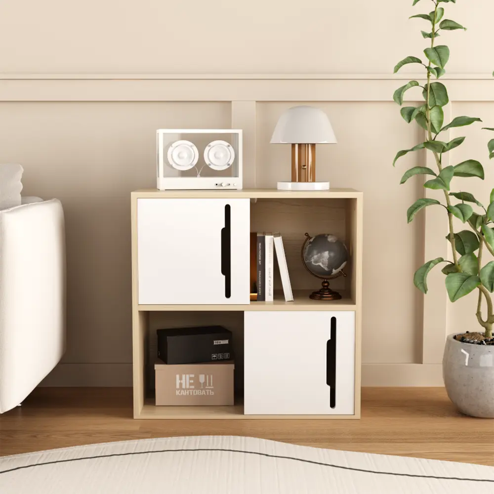 Modern Wooden Storage Cabinet with Sliding Doors, 2-Tier Open & Closed Storage Shelves Organizer, Natural Wood Finish Accent Cabinet with White Panels, Multi-Purpose Sideboard Buffet Cabinet for Living Room, Bedroom, Kids Room, Entryway, Home Office Decor