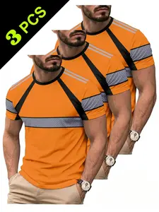 Men's Summer Sporty Short Sleeve T-Shirts 3-Pack, Breathable Mesh Fabric, Slim-Fit, All over Print, Ideal for Outdoor Activities